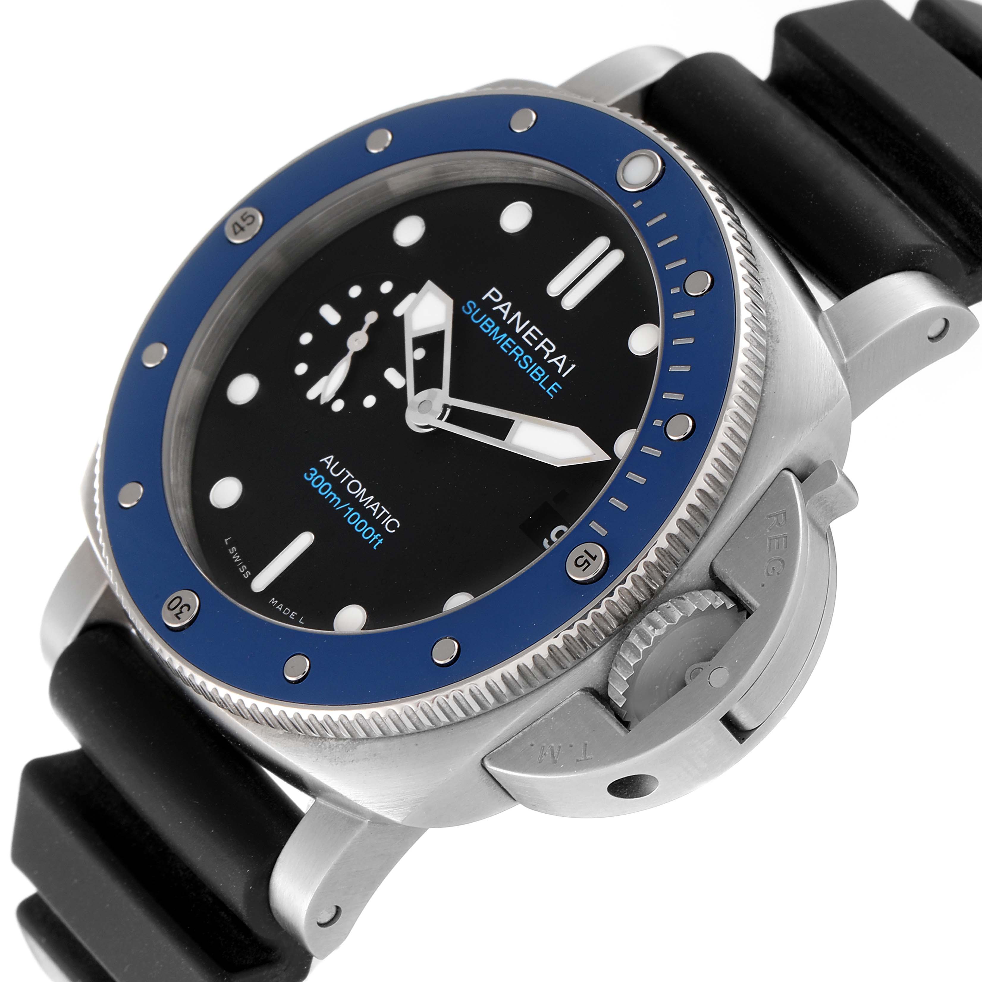 The Panerai Submersible PAM01209 Men's Stainless Steel Black Dial PAM01209 Men's Stainless Steel Black Dial watch is shown from an angled side view, highlighting the bezel, dial, and crown guard.