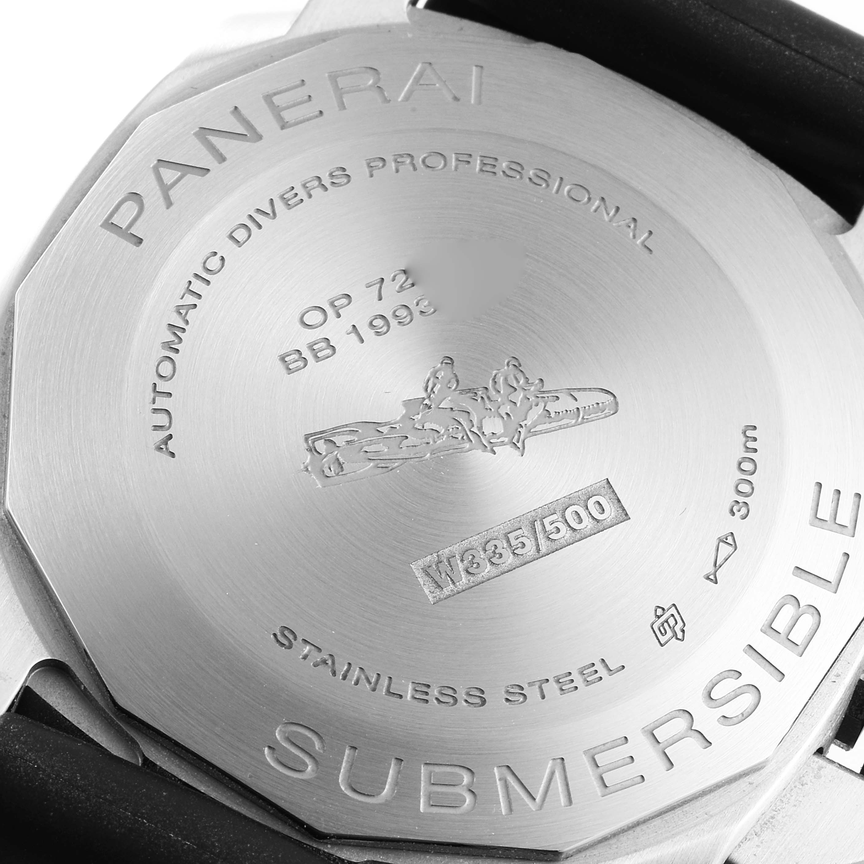 The image shows the case back of a Panerai Submersible PAM01209 Men's Stainless Steel Black Dial PAM01209 Men's Stainless Steel Black Dial watch, highlighting its engraved details and branding.