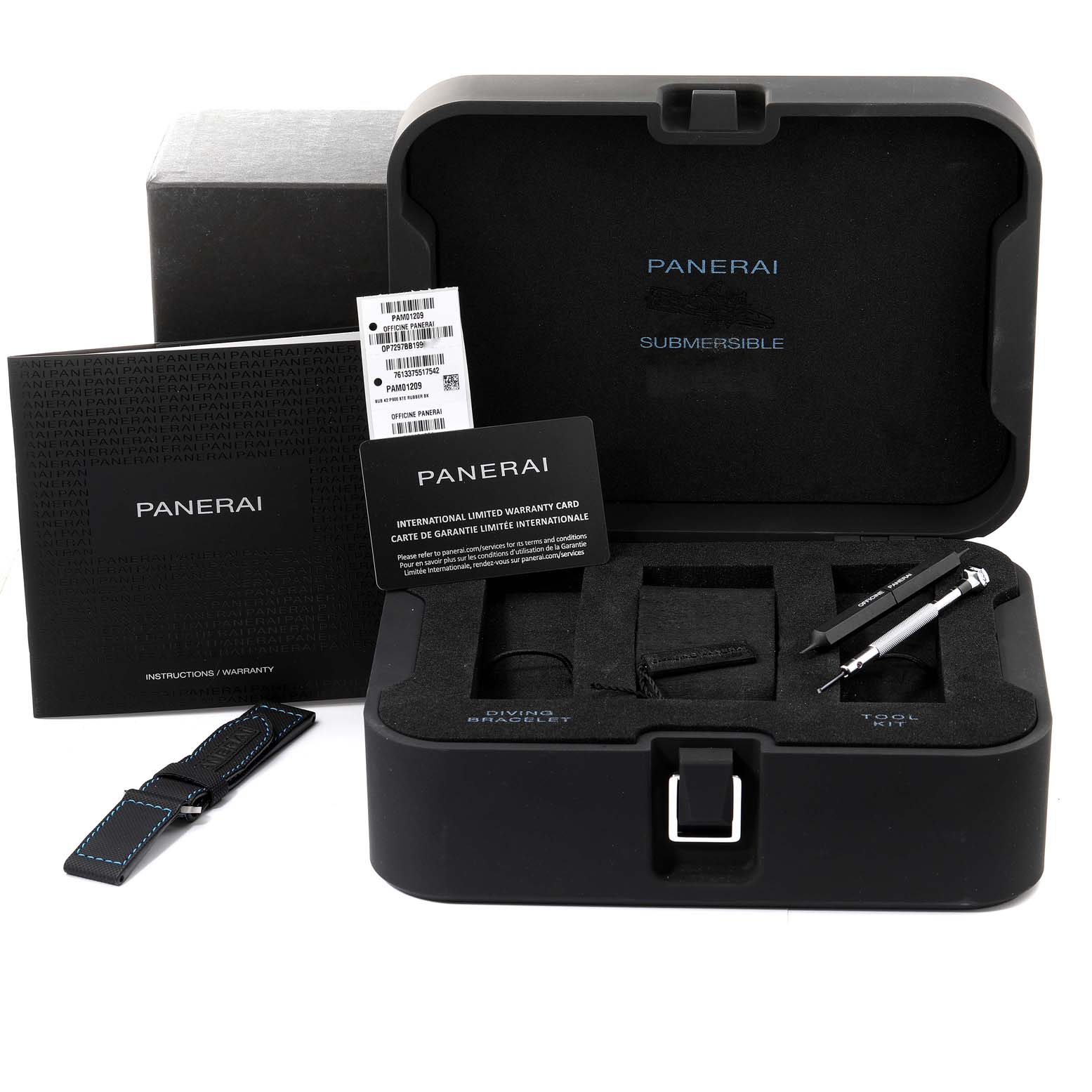 The image shows a Panerai Submersible PAM01209 Men's Stainless Steel Black Dial PAM01209 Men's Stainless Steel Black Dial watch set with accessories including straps, a tool kit, and warranty cards, displayed at an angle.