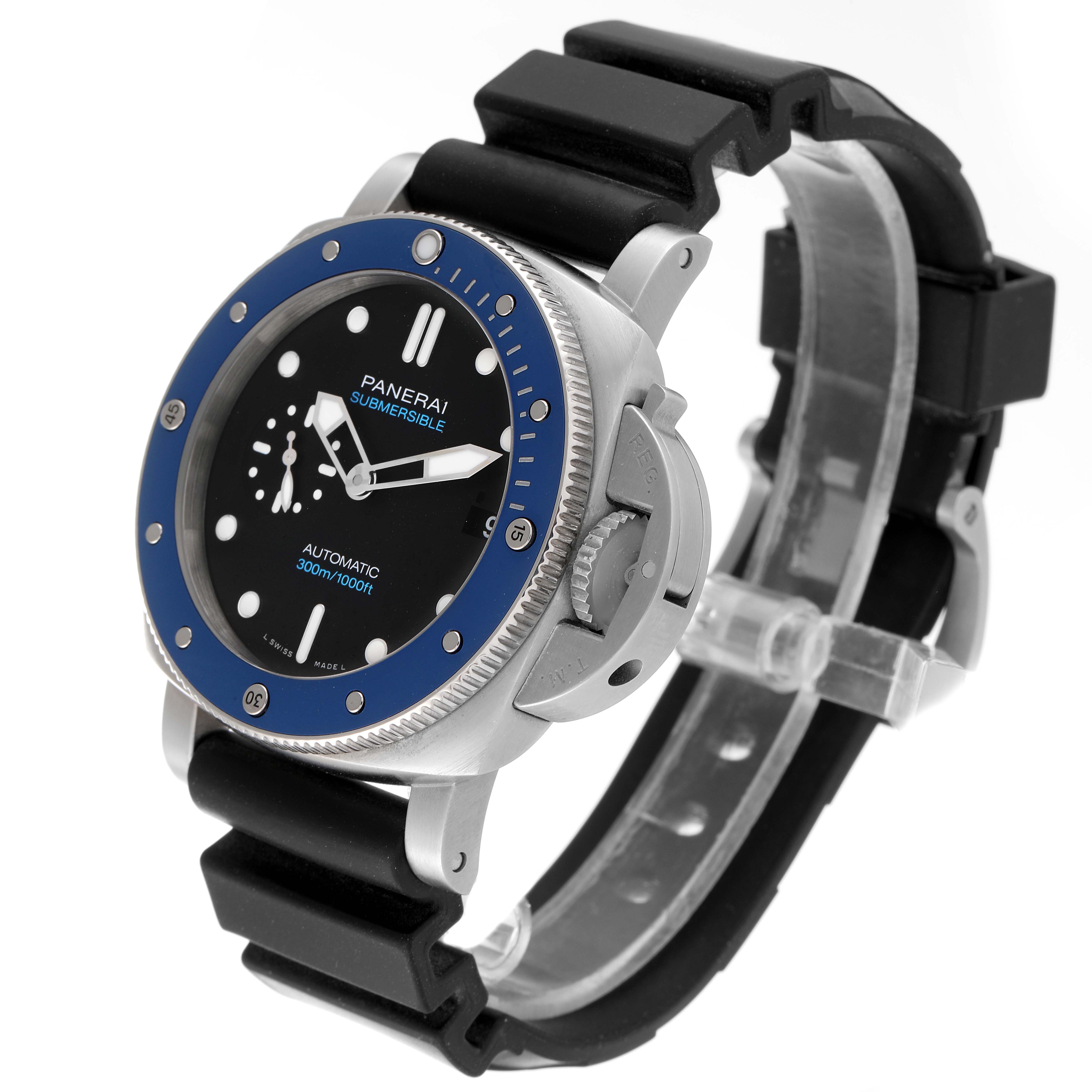 The Panerai Submersible PAM01209 Men's Stainless Steel Black Dial PAM01209 Men's Stainless Steel Black Dial watch is shown at a three-quarter angle, featuring its bezel, crown guard, and black rubber strap.