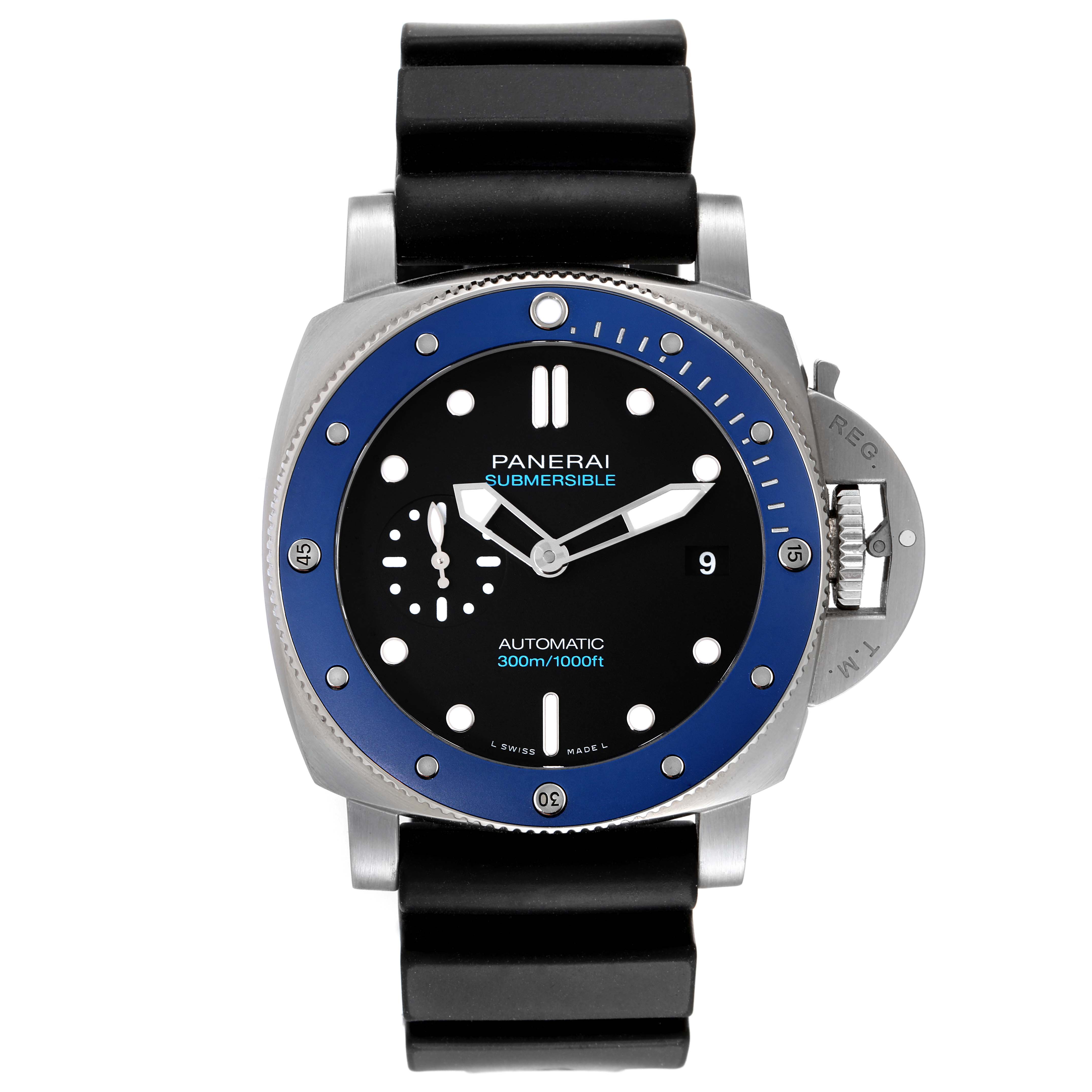 This Panerai Submersible PAM01209 Men's Stainless Steel Black Dial PAM01209 Men's Stainless Steel Black Dial watch is shown at a straight-on angle, highlighting the watch face, bezel, and part of the strap.