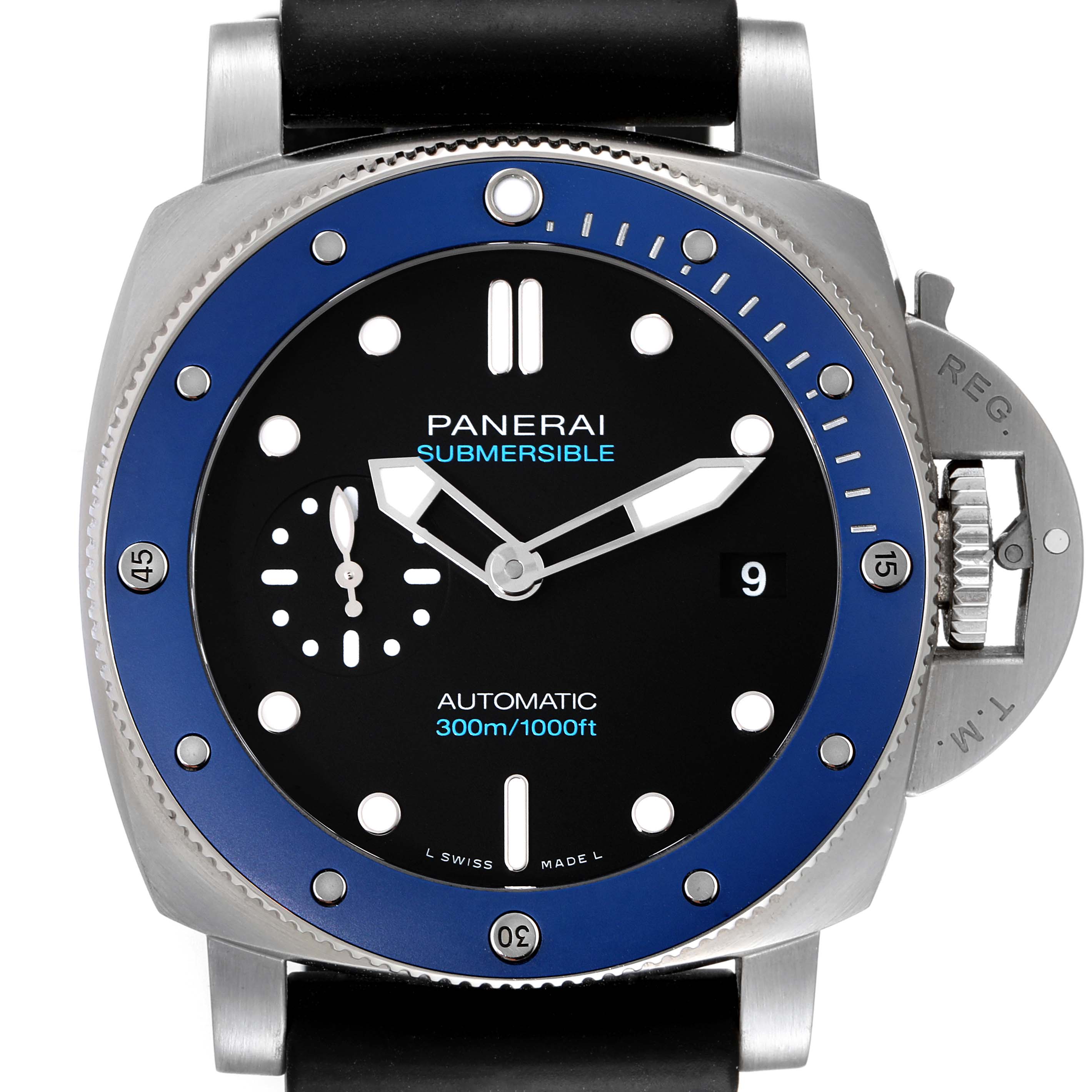 The image shows a front view of a Panerai Submersible PAM01209 Men's Stainless Steel Black Dial PAM01209 Men's Stainless Steel Black Dial watch, highlighting the face, bezel, and crown guard.