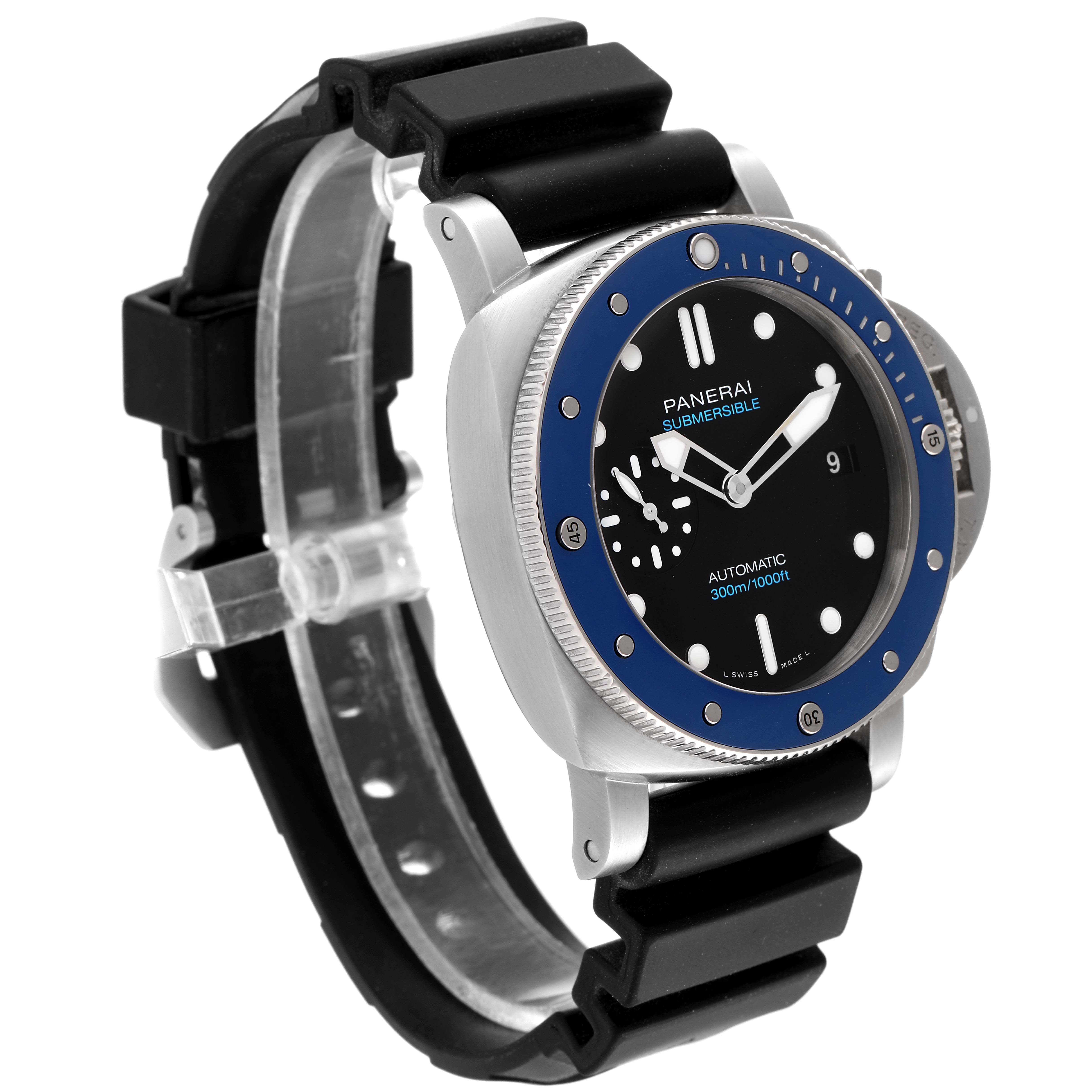 The Panerai Submersible PAM01209 Men's Stainless Steel Black Dial PAM01209 Men's Stainless Steel Black Dial watch is shown at a slight angle, displaying the face, bezel, and part of the strap.