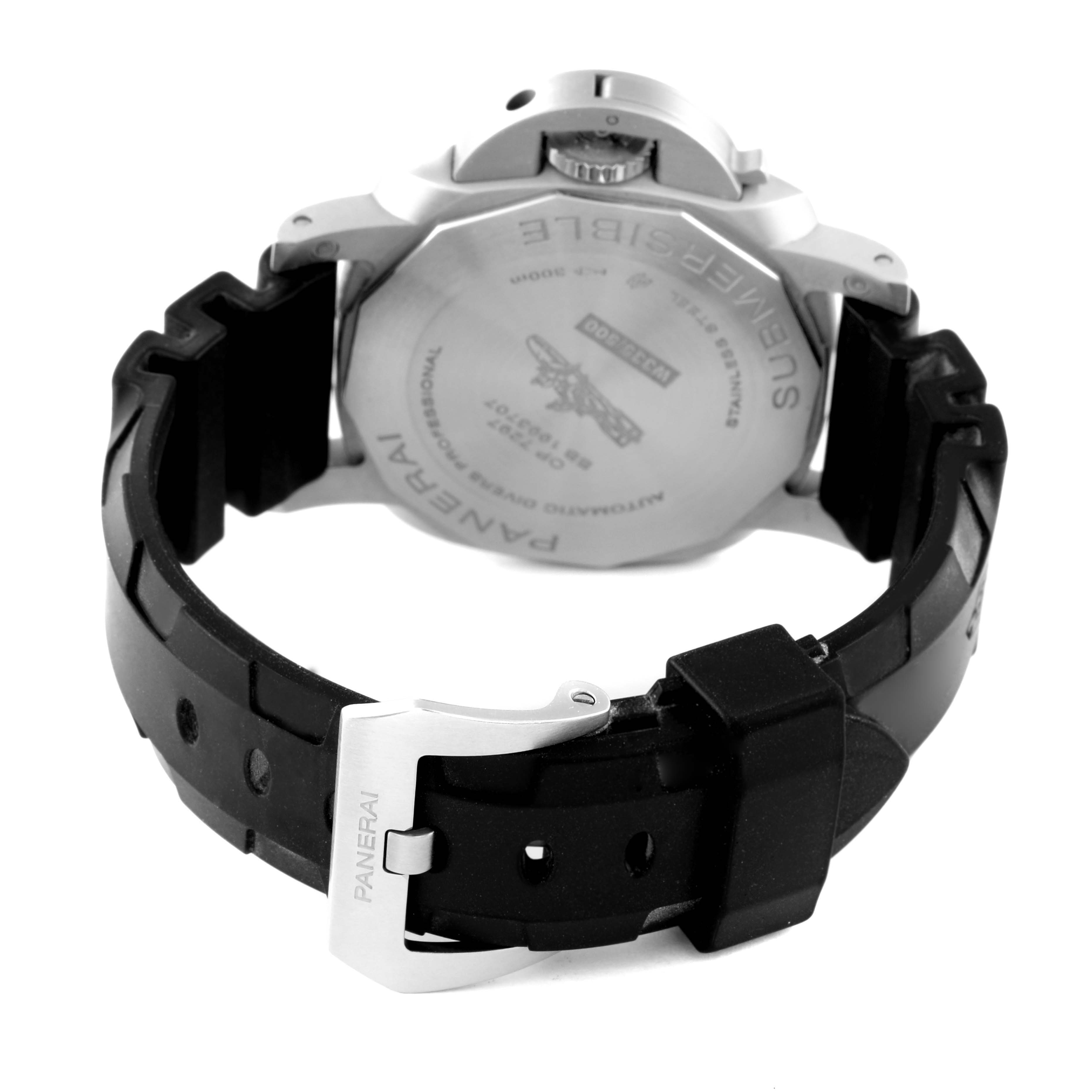 This image shows the rear view of a Panerai Submersible PAM01209 Men's Stainless Steel Black Dial PAM01209 Men's Stainless Steel Black Dial watch, highlighting the case back, strap, and buckle.