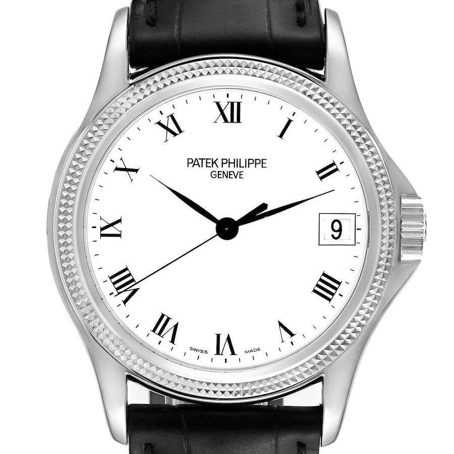 The Patek Philippe Calatrava watch is shown from the front, highlighting the dial, bezel, crown, and leather strap.