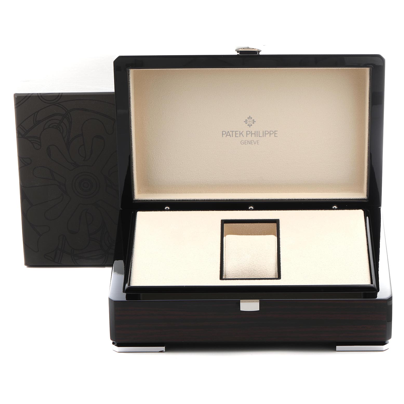 The image shows an open Patek Philippe Complications 5146G-010 Men
s White Gold Grey Dial 5146G-010 Men
s White Gold Grey Dial watch box at a front angle, displaying its interior compartment.