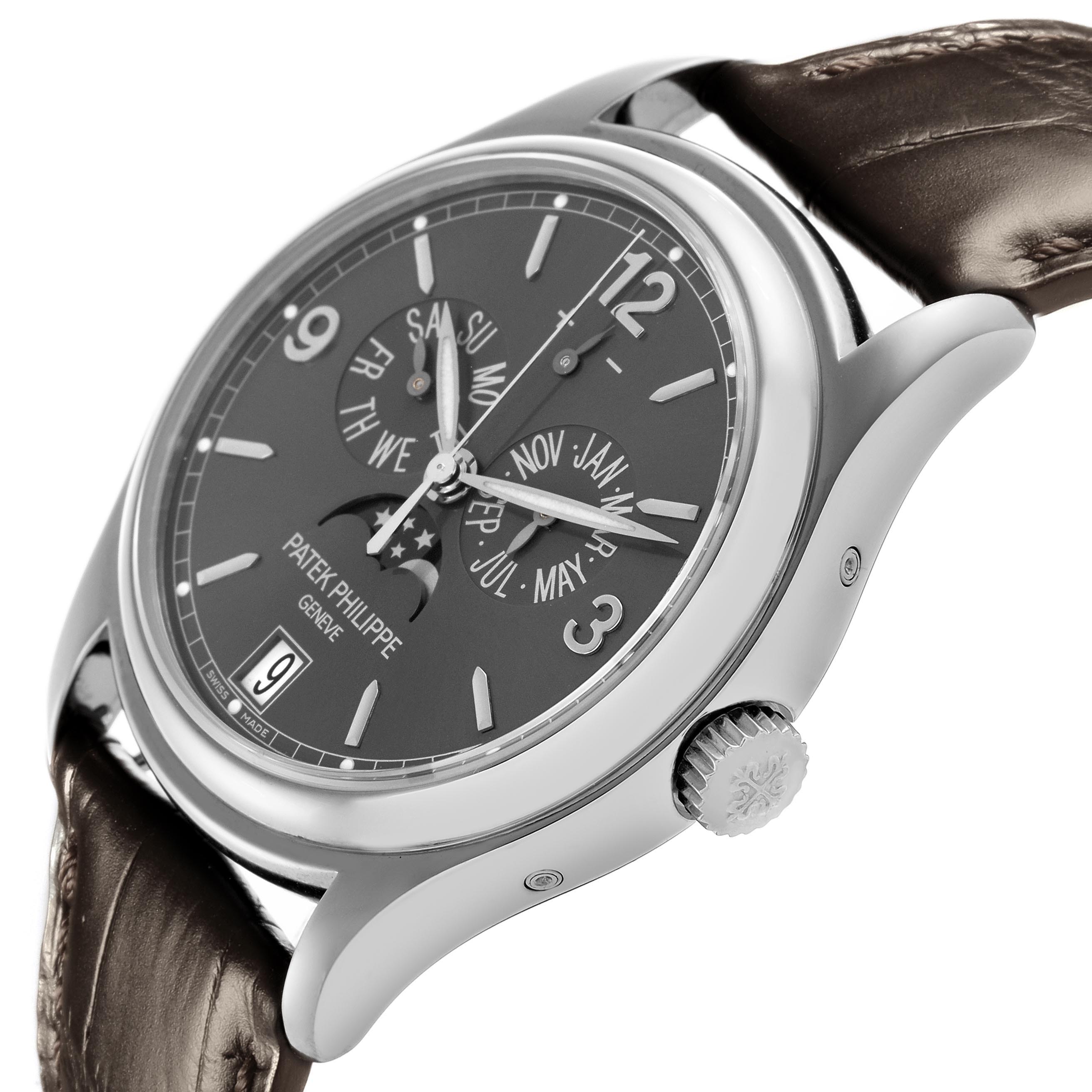 The Patek Philippe Complications 5146G-010 Men
s White Gold Grey Dial 5146G-010 Men
s White Gold Grey Dial watch is shown at a slight angle, highlighting the dial, case, crown, and leather strap.
