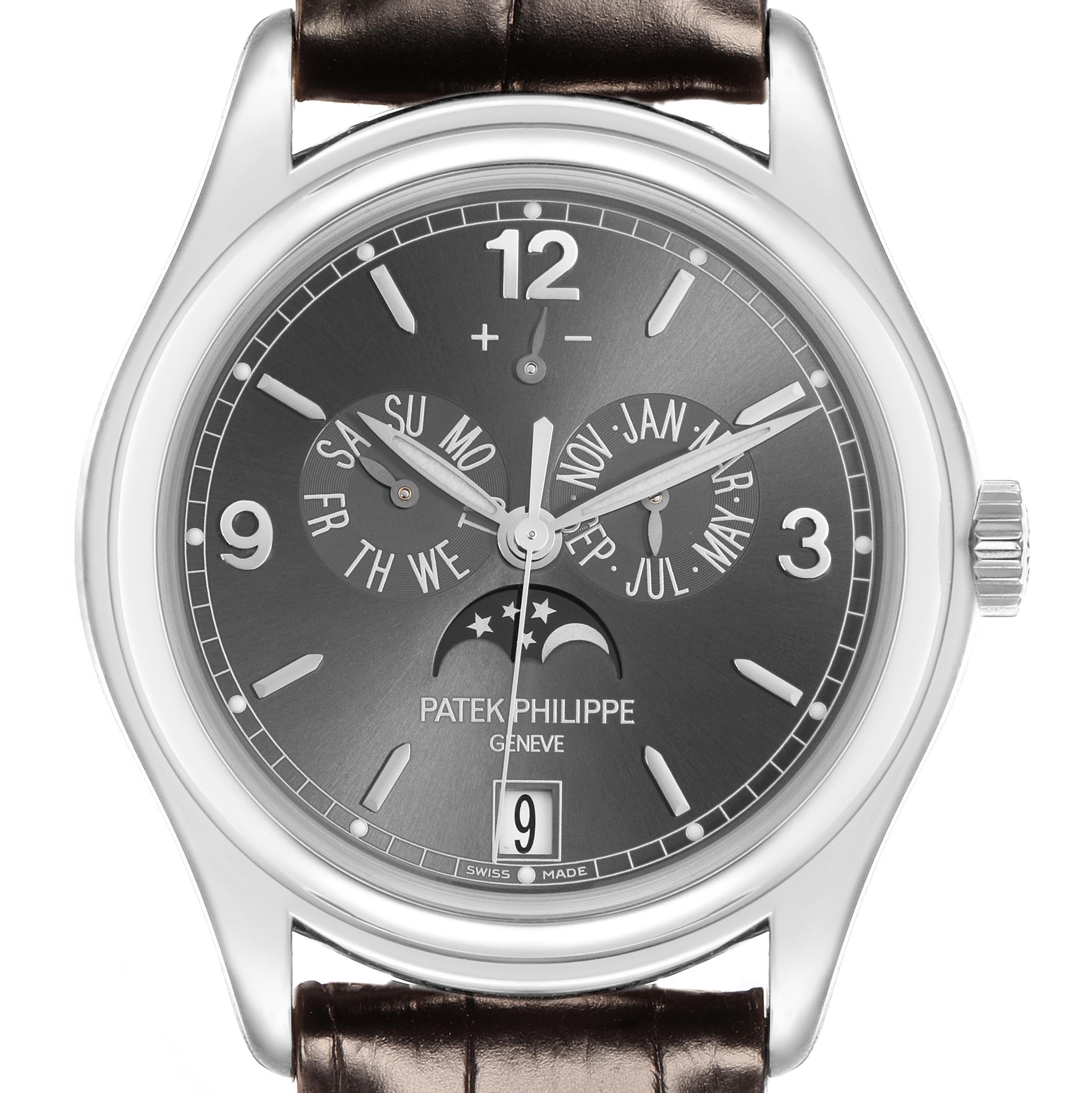 The image shows a front view of the Patek Philippe Complications 5146G-010 Men
s White Gold Grey Dial 5146G-010 Men
s White Gold Grey Dial watch, displaying its dial, complications, and leather strap.