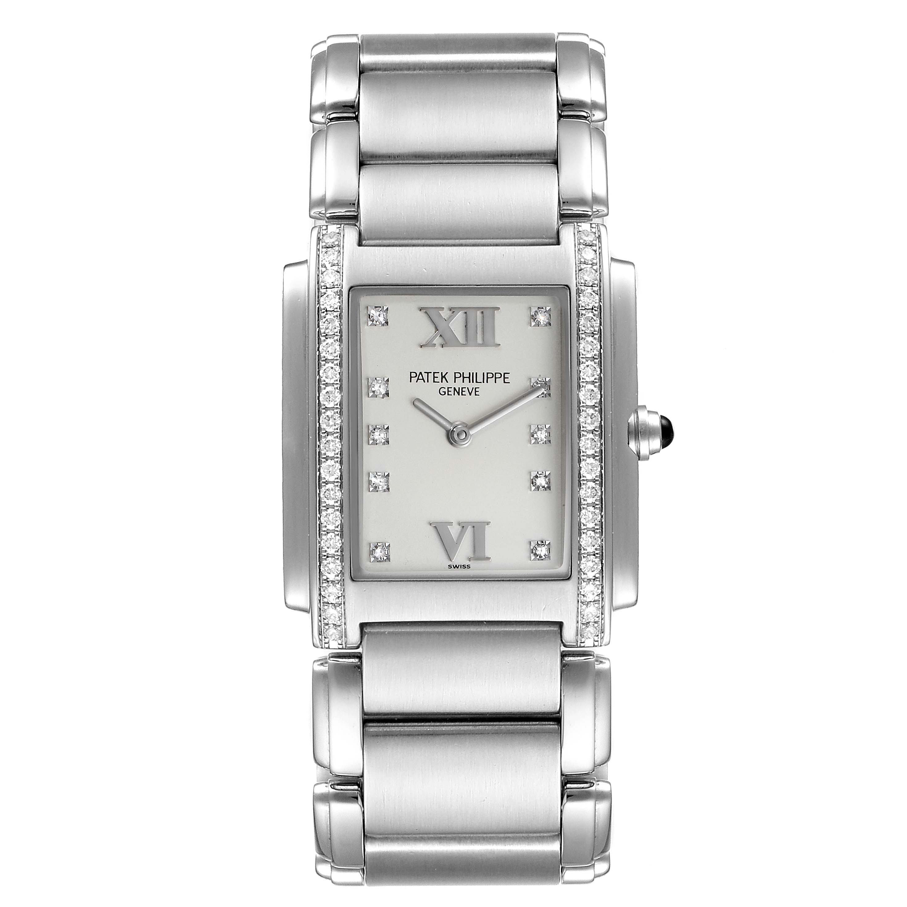 The image shows a front view of the Patek Philippe Twenty-4 4910/10A-010 Women's Stainless Steel Silver Dial 4910/10A-010 Women's Stainless Steel Silver Dial watch, featuring a diamond-set bezel and stainless steel bracelet.