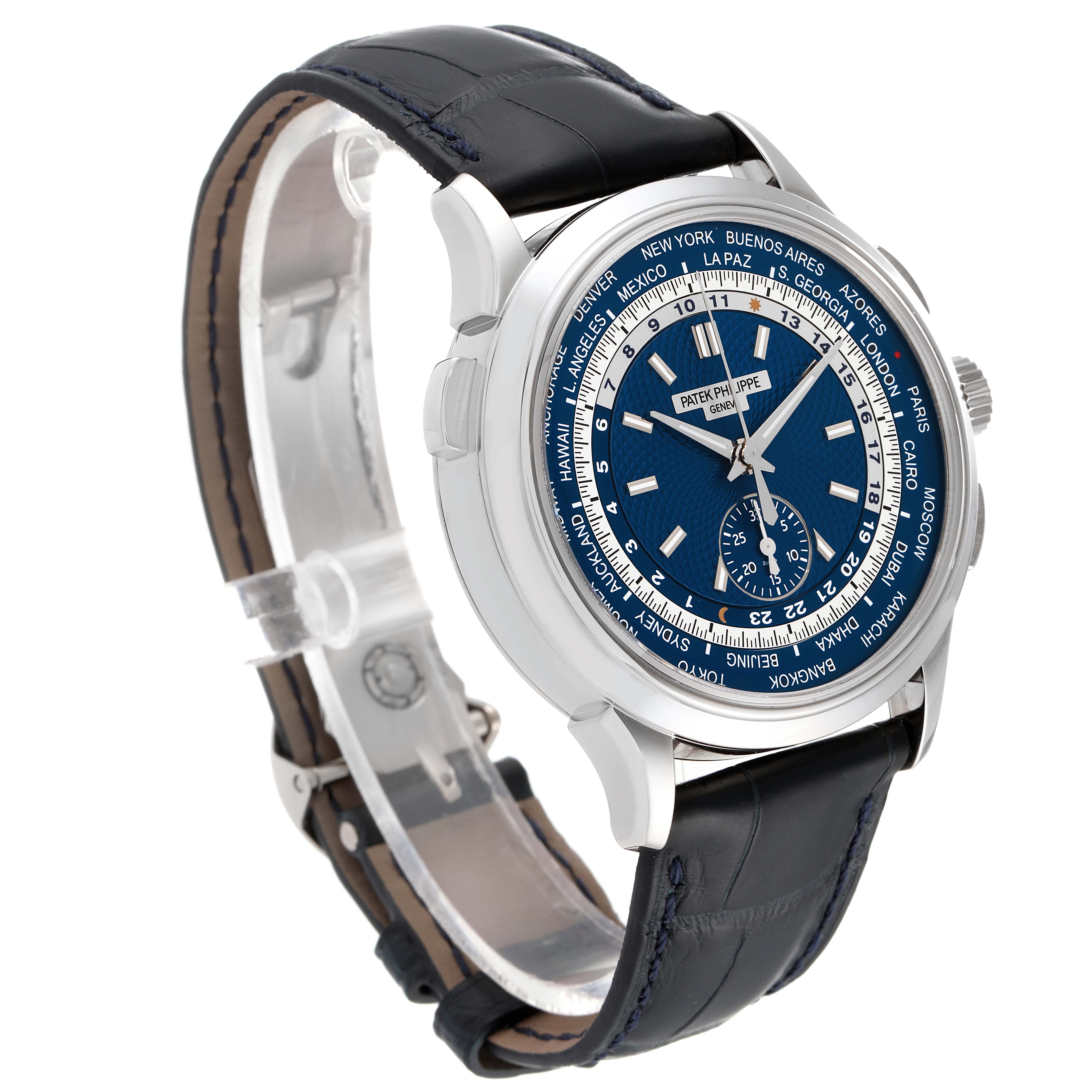 The image shows a side angle of the Patek Philippe Complications 5930G-001 Men
s White Gold Blue Dial 5930G-001 Men
s White Gold Blue Dial model, highlighting the watch face and leather strap.