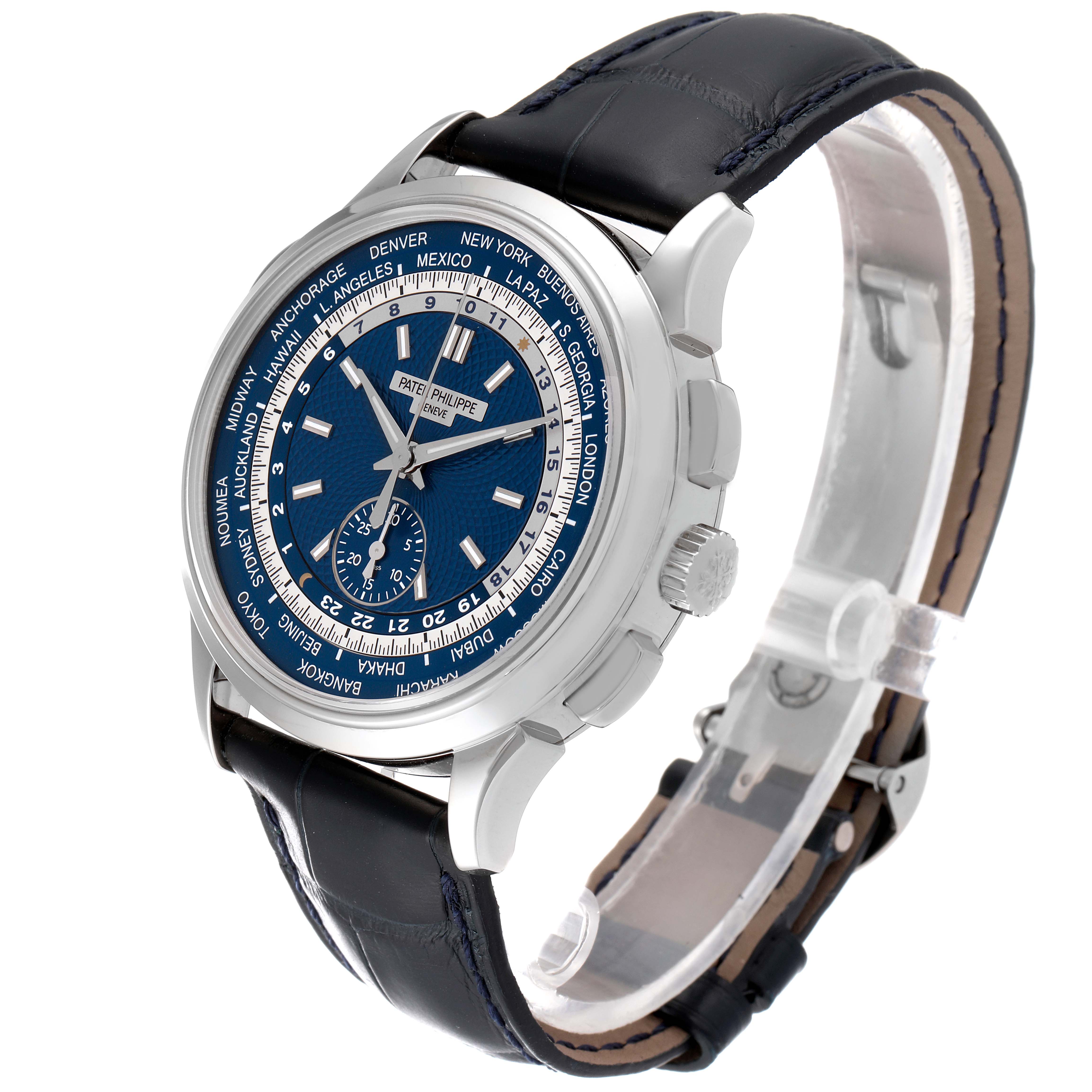 This image shows a Patek Philippe Complications 5930G-001 Men
s White Gold Blue Dial 5930G-001 Men
s White Gold Blue Dial model watch at a three-quarter angle, highlighting the dial and leather strap.