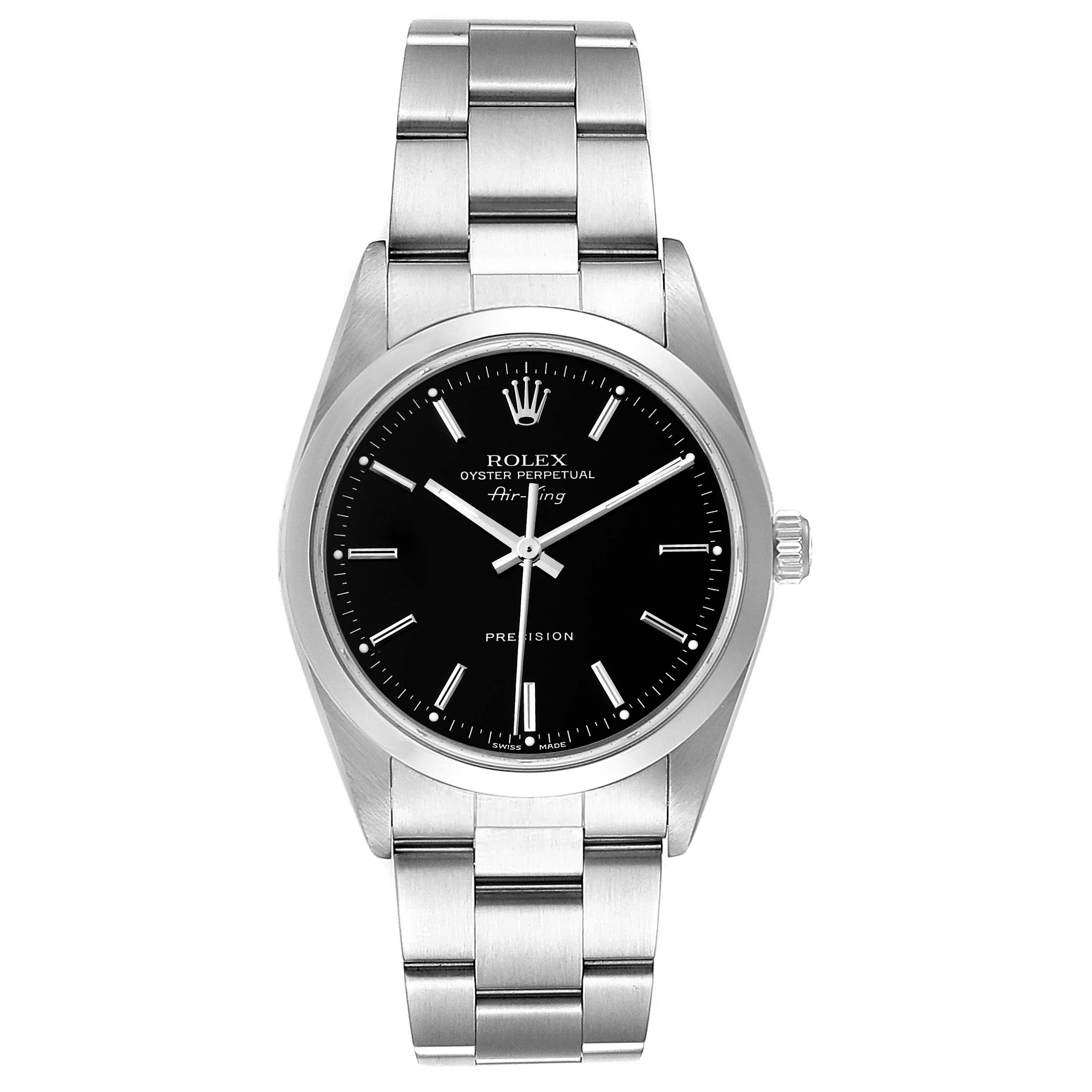 The image shows a front view of the Rolex Air-King 14000 Men's Stainless Steel Black Dial 14000 Men's Stainless Steel Black Dial watch, highlighting its black dial, bracelet, and crown.
