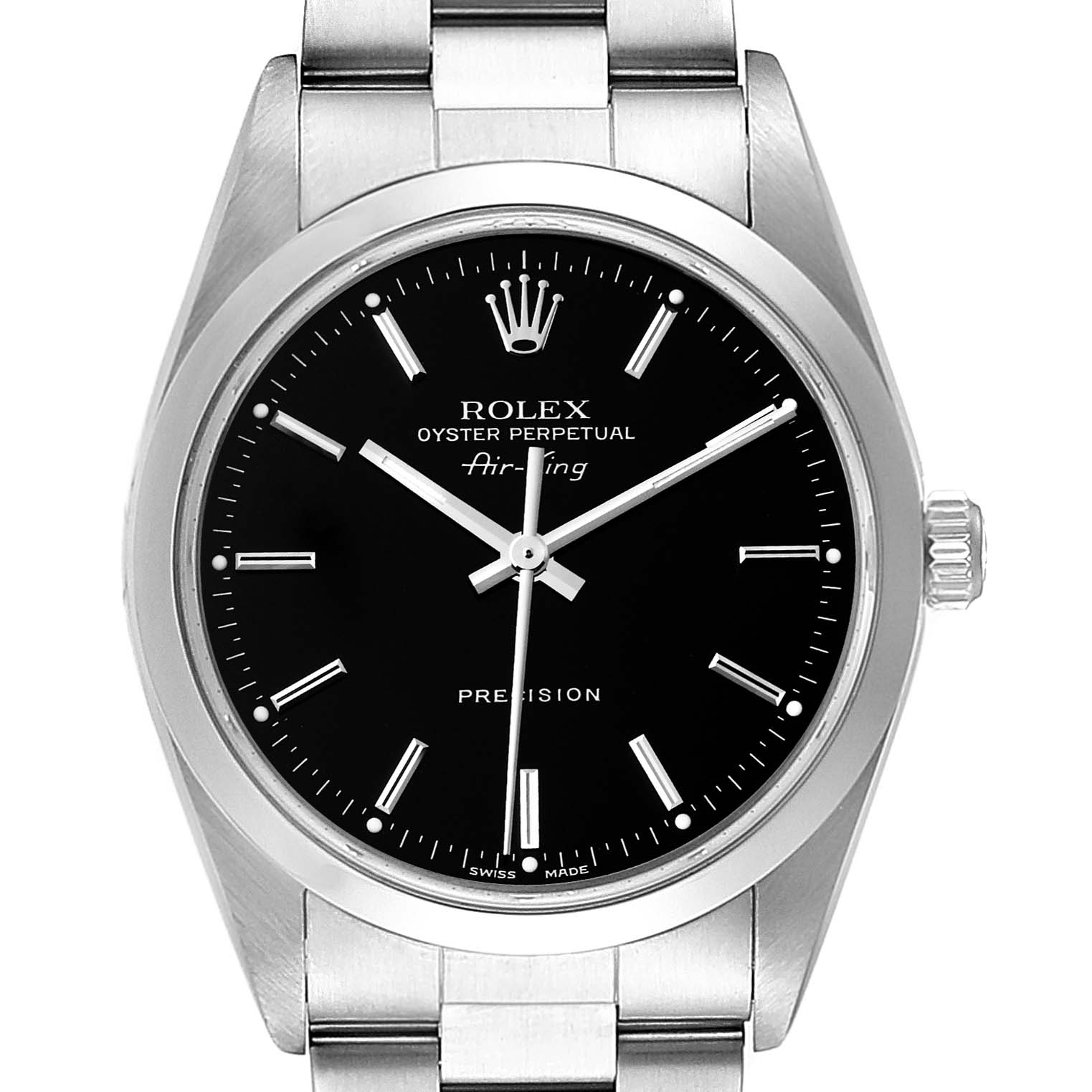 This image shows a front view of a Rolex Air-King 14000 Men's Stainless Steel Black Dial 14000 Men's Stainless Steel Black Dial watch, displaying its dial, hands, bezel, and part of its bracelet.