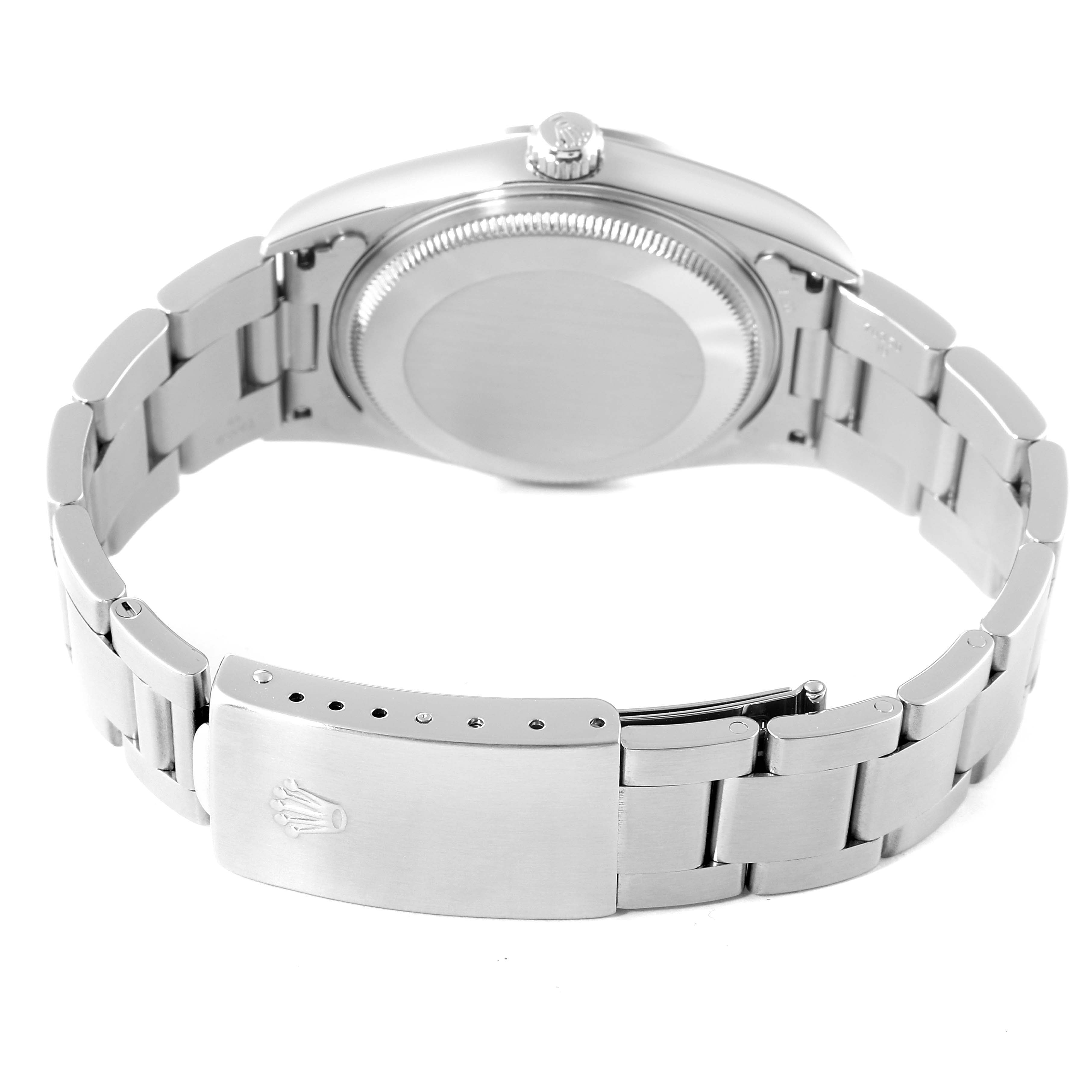 The image shows the back and clasp of a Rolex Air-King 14000 Men's Stainless Steel Black Dial 14000 Men's Stainless Steel Black Dial, focusing on the bracelet and watch case back.