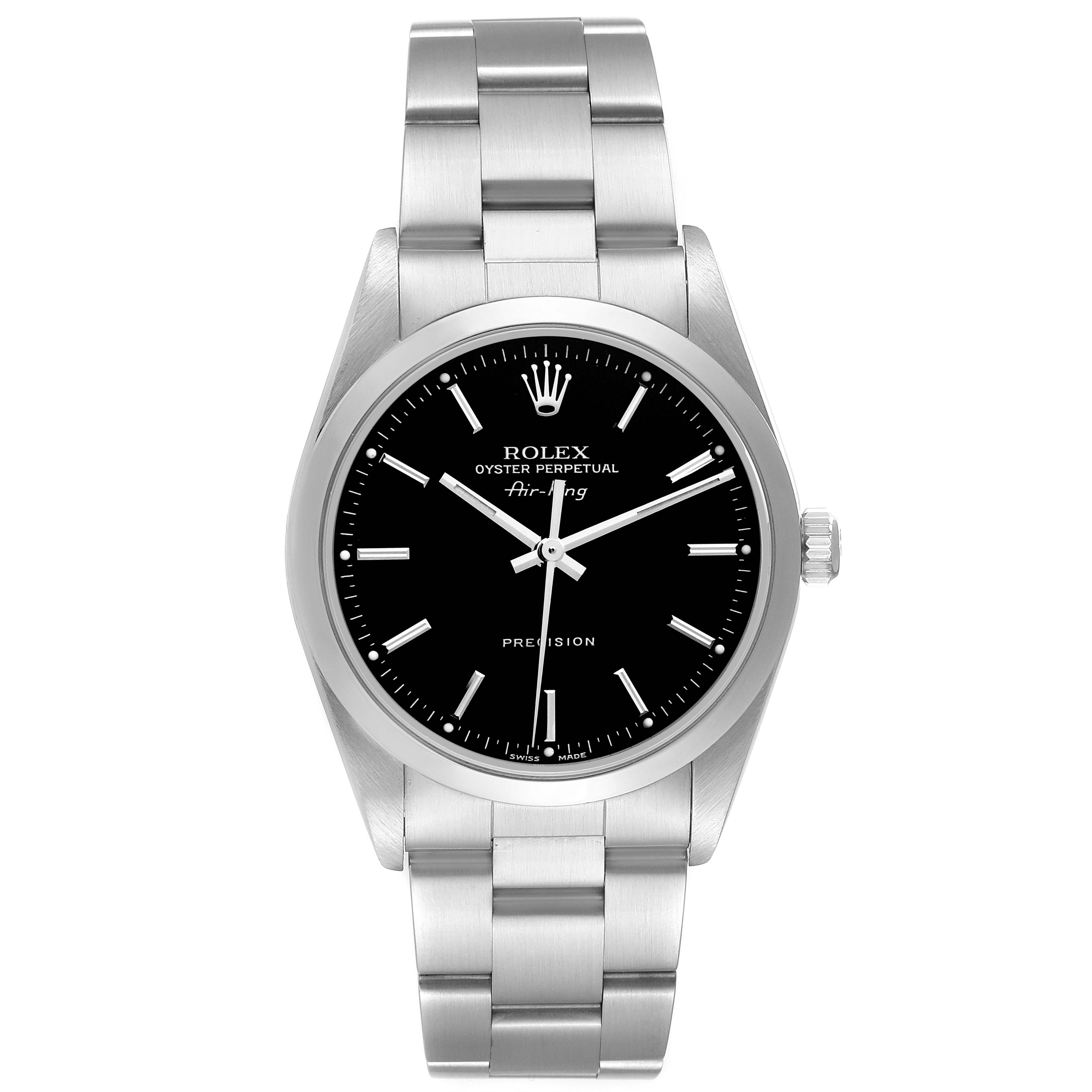 The image shows a front view of a Rolex Air-King 14000M Men's Stainless Steel Black Dial 14000M Men's Stainless Steel Black Dial watch, displaying its face, bezel, crown, and bracelet.