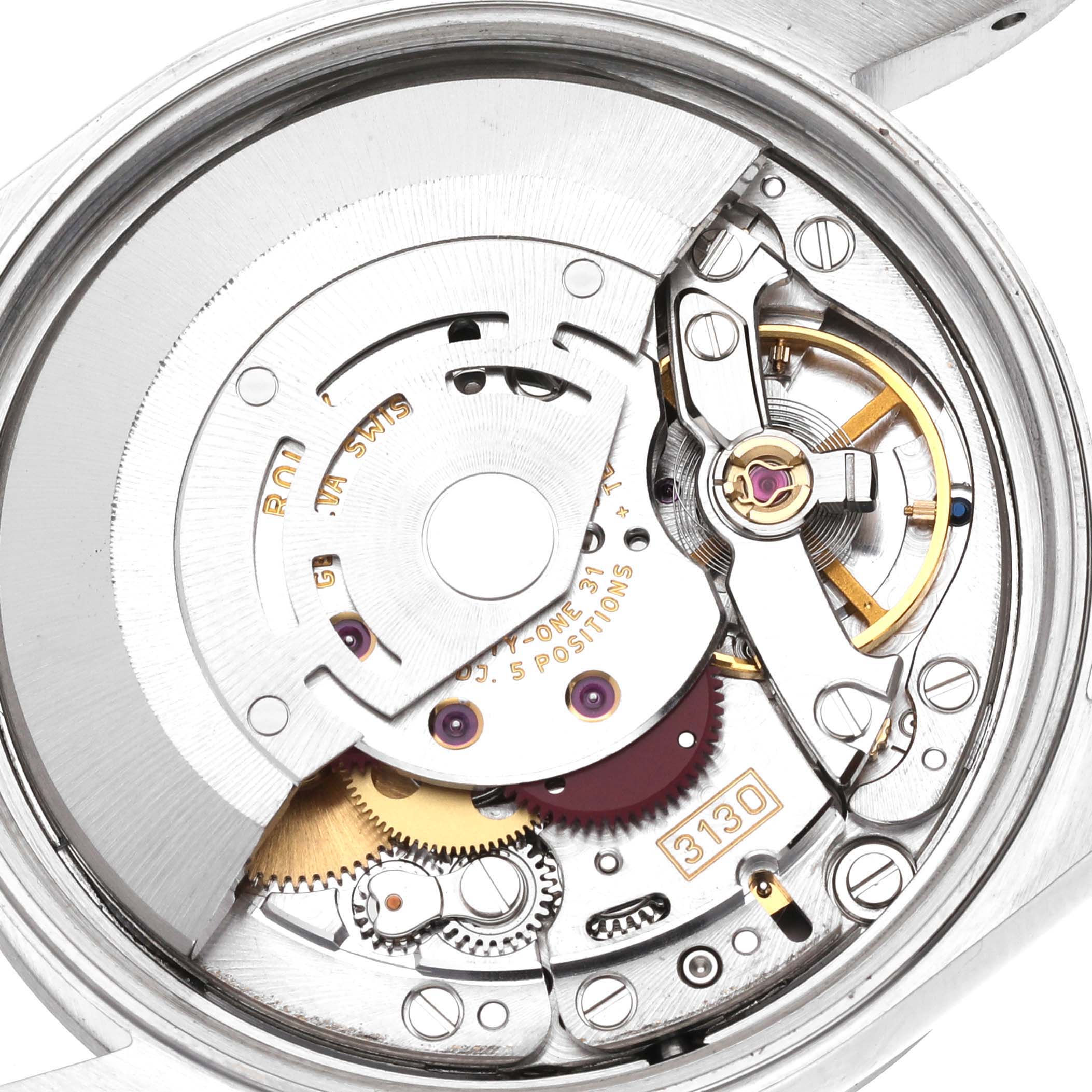 The image shows a detailed close-up of the internal movement mechanism of a Rolex Air-King 14000M Men's Stainless Steel Black Dial 14000M Men's Stainless Steel Black Dial watch.
