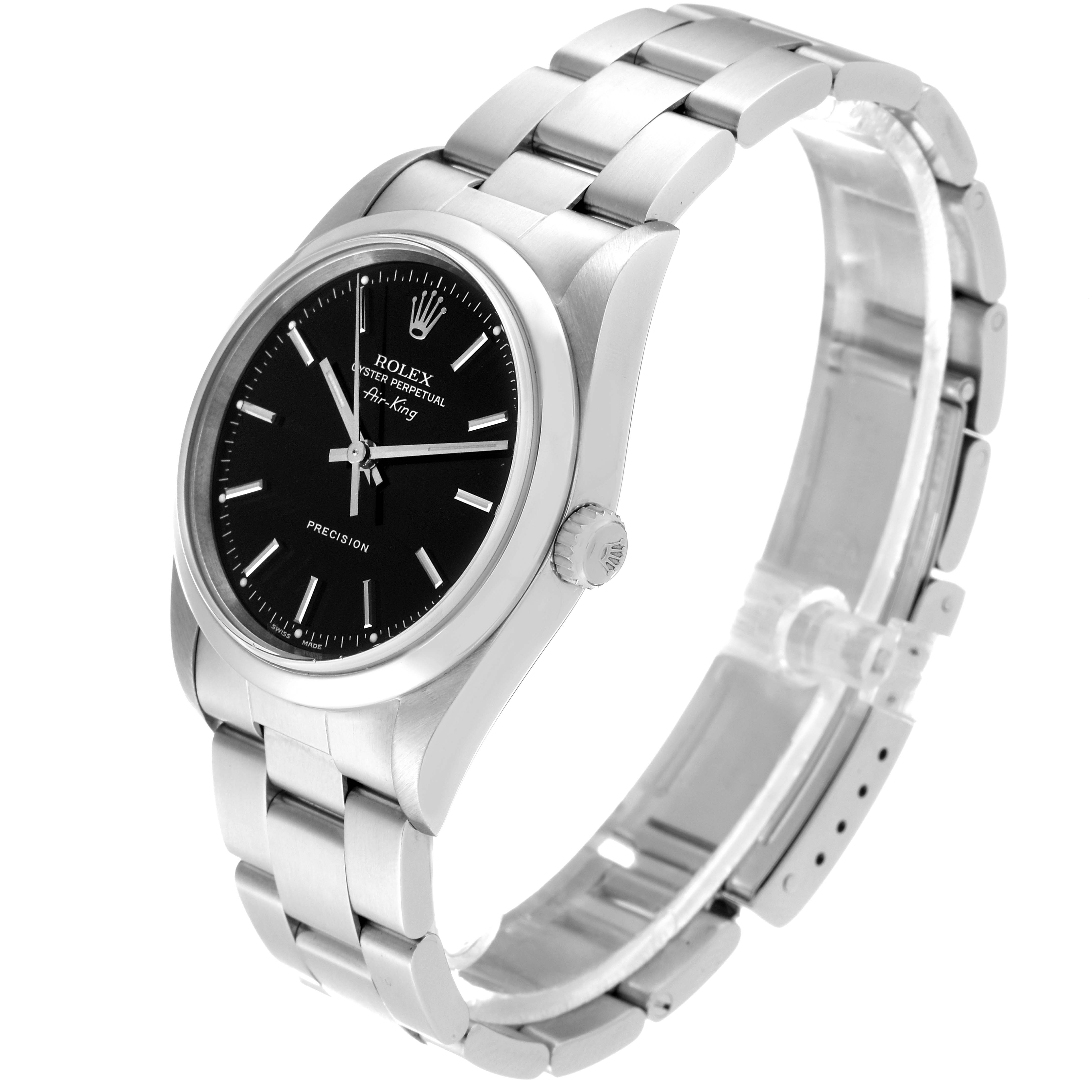 The image shows a Rolex Air-King 14000M Men's Stainless Steel Black Dial 14000M Men's Stainless Steel Black Dial watch from a left-side angle, highlighting the face, case, bracelet, and clasp.