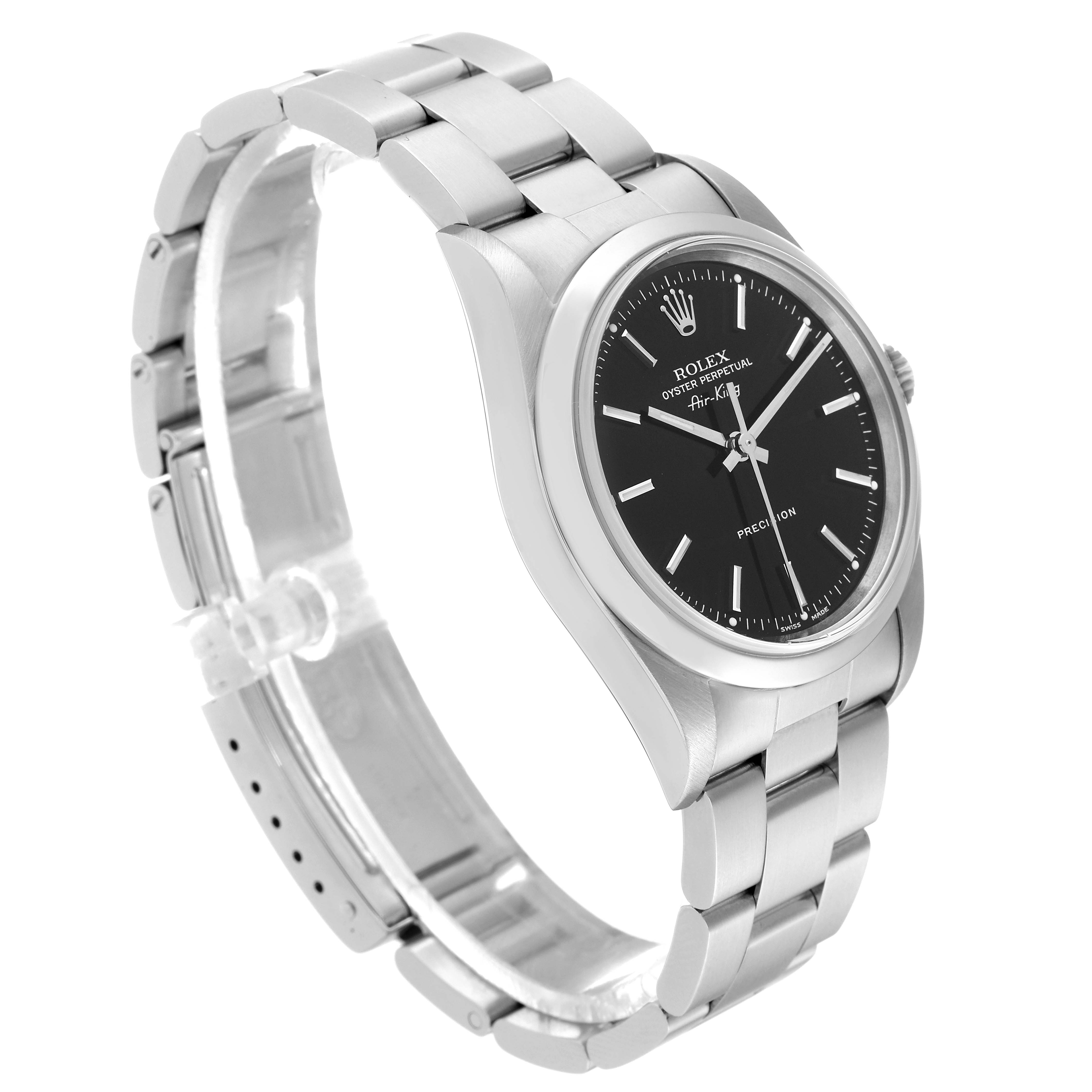 The image shows a side angle view of a Rolex Air-King 14000M Men's Stainless Steel Black Dial 14000M Men's Stainless Steel Black Dial watch featuring its black dial face, bezel, and stainless steel bracelet.