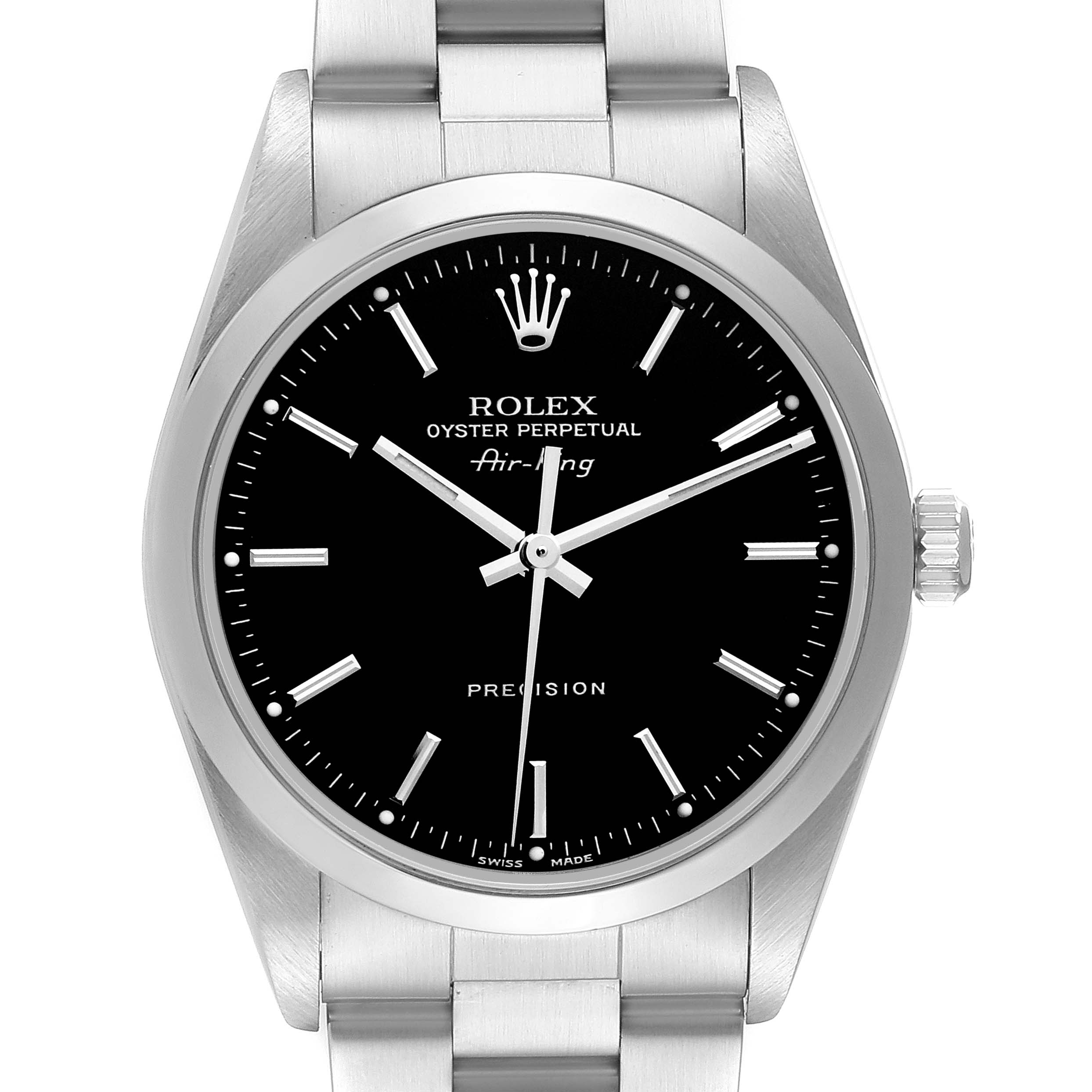 The Rolex Air-King 14000M Men's Stainless Steel Black Dial 14000M Men's Stainless Steel Black Dial watch is shown from the front, displaying its dial, bezel, crown, and part of the bracelet.