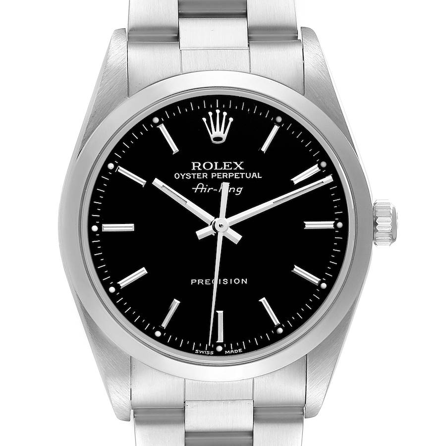 The Rolex Air-King watch is shown from the front, displaying its dial, bezel, crown, and part of the bracelet.