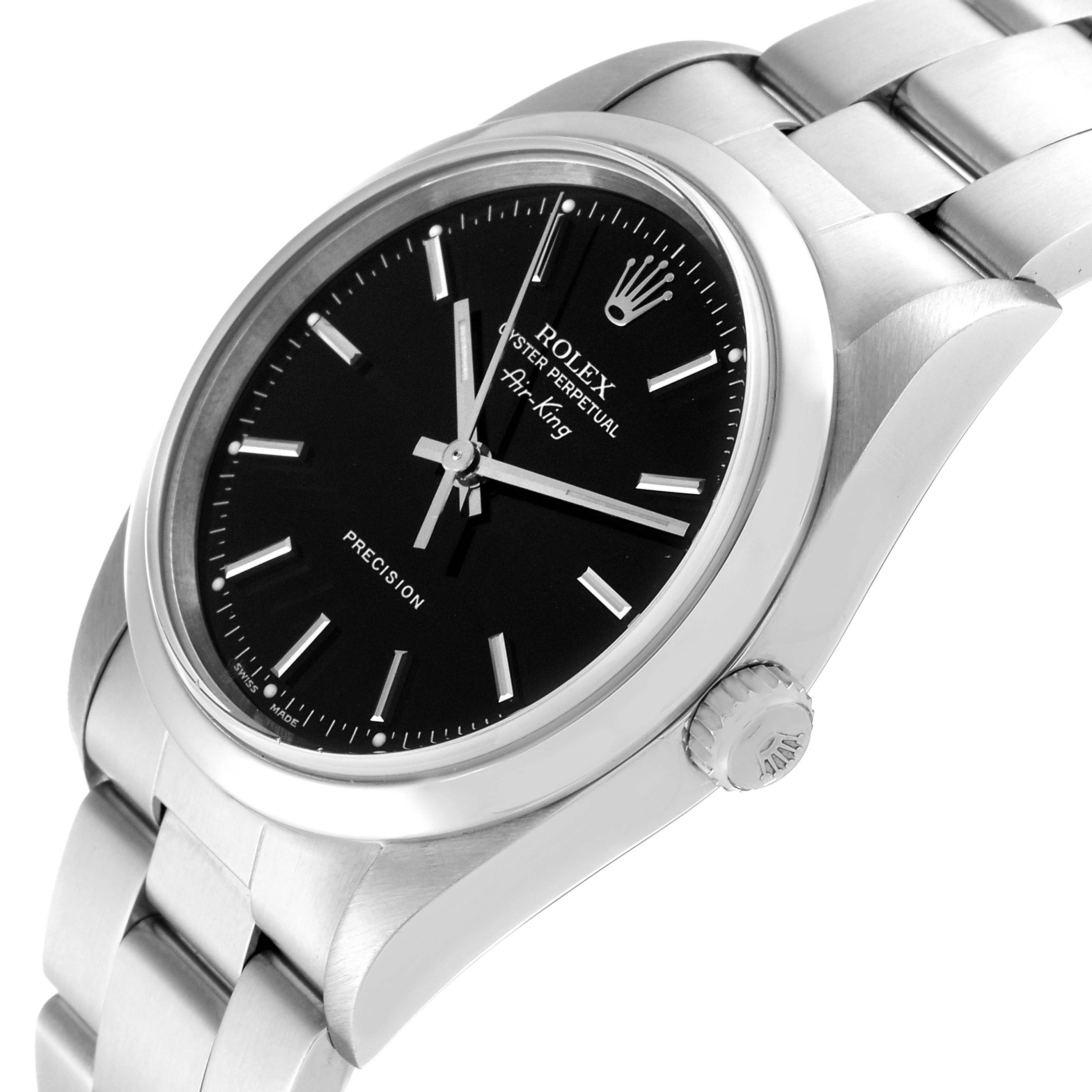 The image shows the Rolex Air-King 14000M Men's Stainless Steel Black Dial 14000M Men's Stainless Steel Black Dial watch's face, crown, and part of its bracelet at a tilted angle.