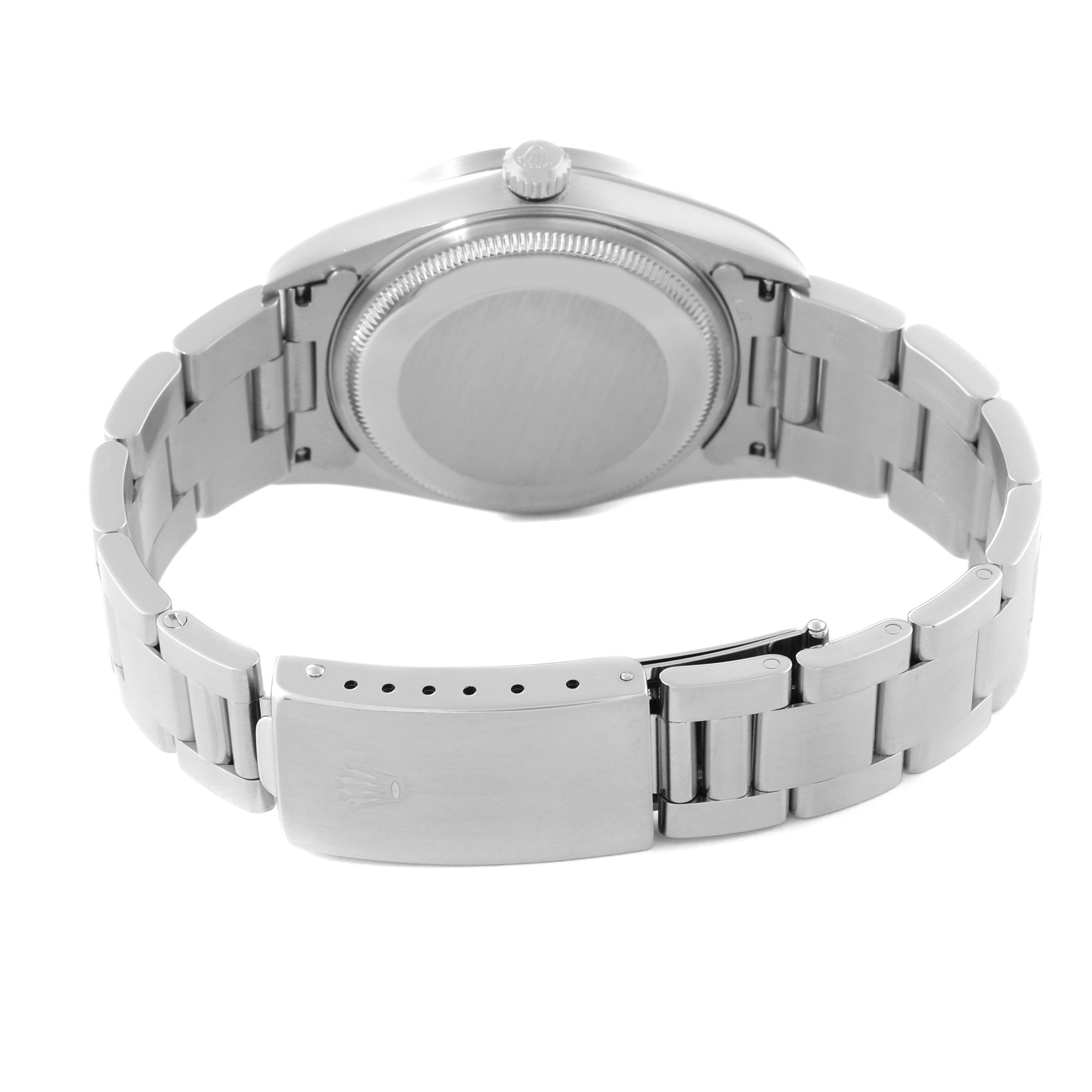 The image shows the back and clasp of a Rolex Air-King 14010 Men's Stainless Steel Black Dial 14010 Men's Stainless Steel Black Dial watch, highlighting the bracelet and case back.