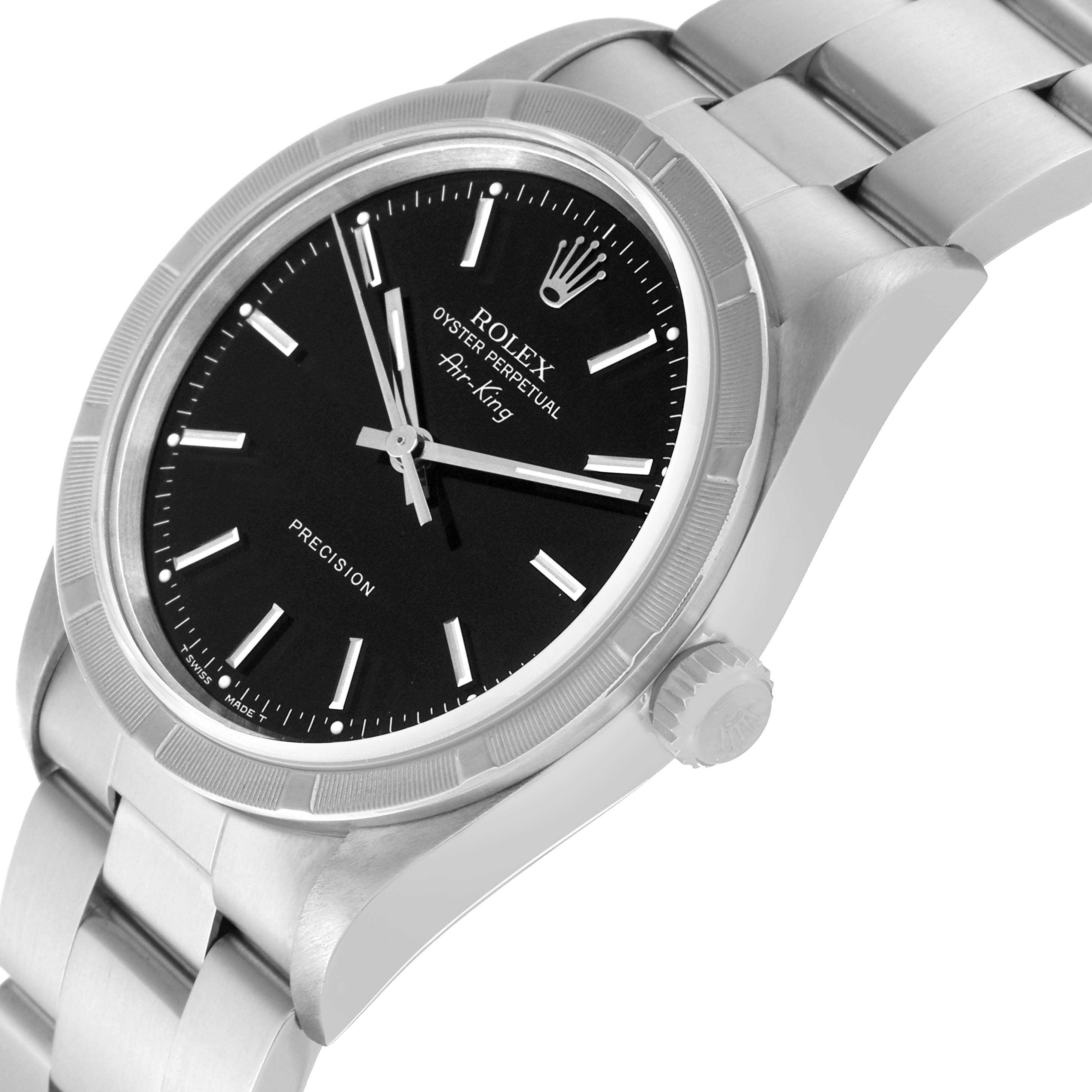 The image shows a side angle view of a Rolex Air-King 14010 Men's Stainless Steel Black Dial 14010 Men's Stainless Steel Black Dial watch, featuring the dial, bezel, crown, and a portion of the bracelet.