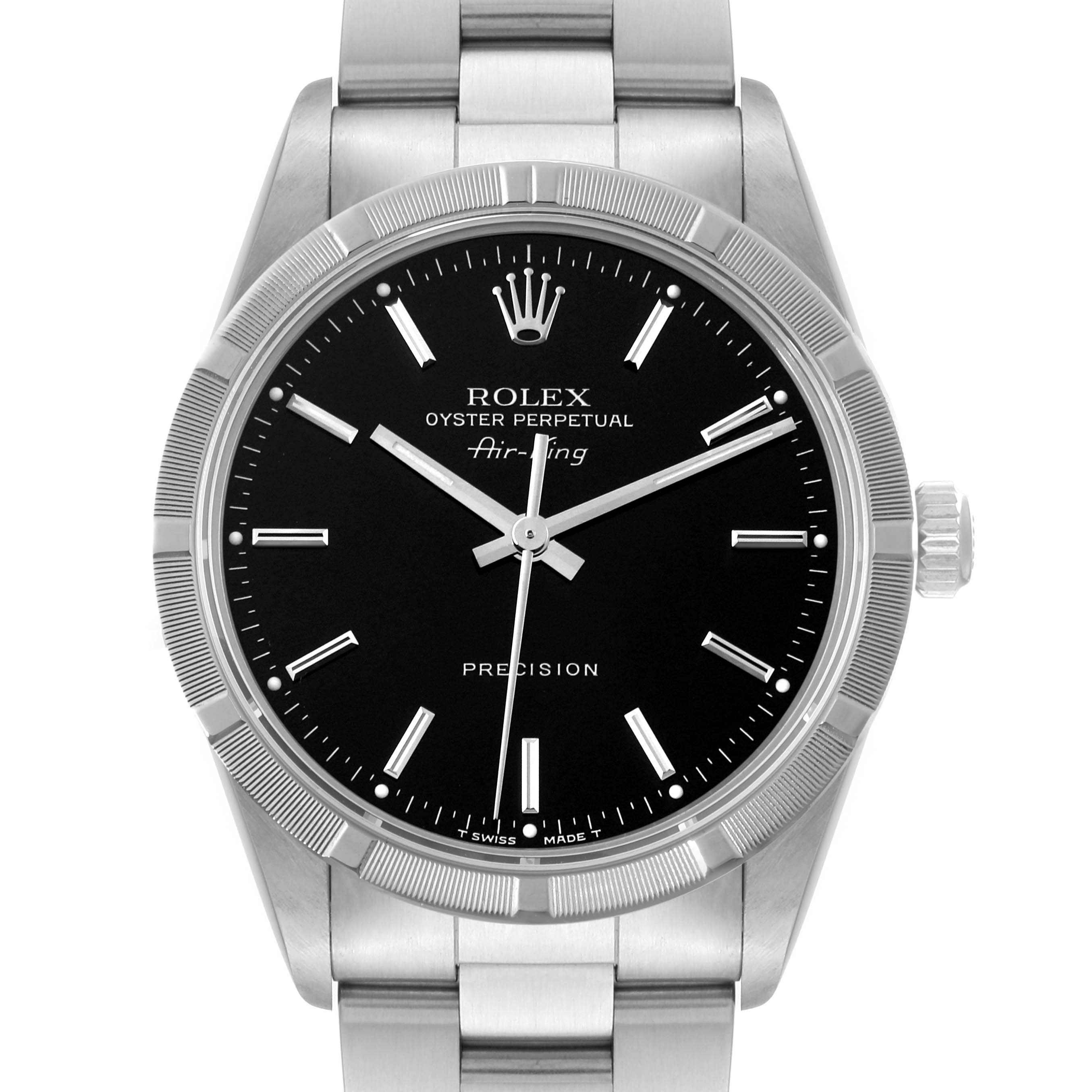 The image shows a front view of a Rolex Air-King 14010 Men's Stainless Steel Black Dial 14010 Men's Stainless Steel Black Dial watch, depicting the black dial, hour markers, case, bezel, and part of the metal bracelet.