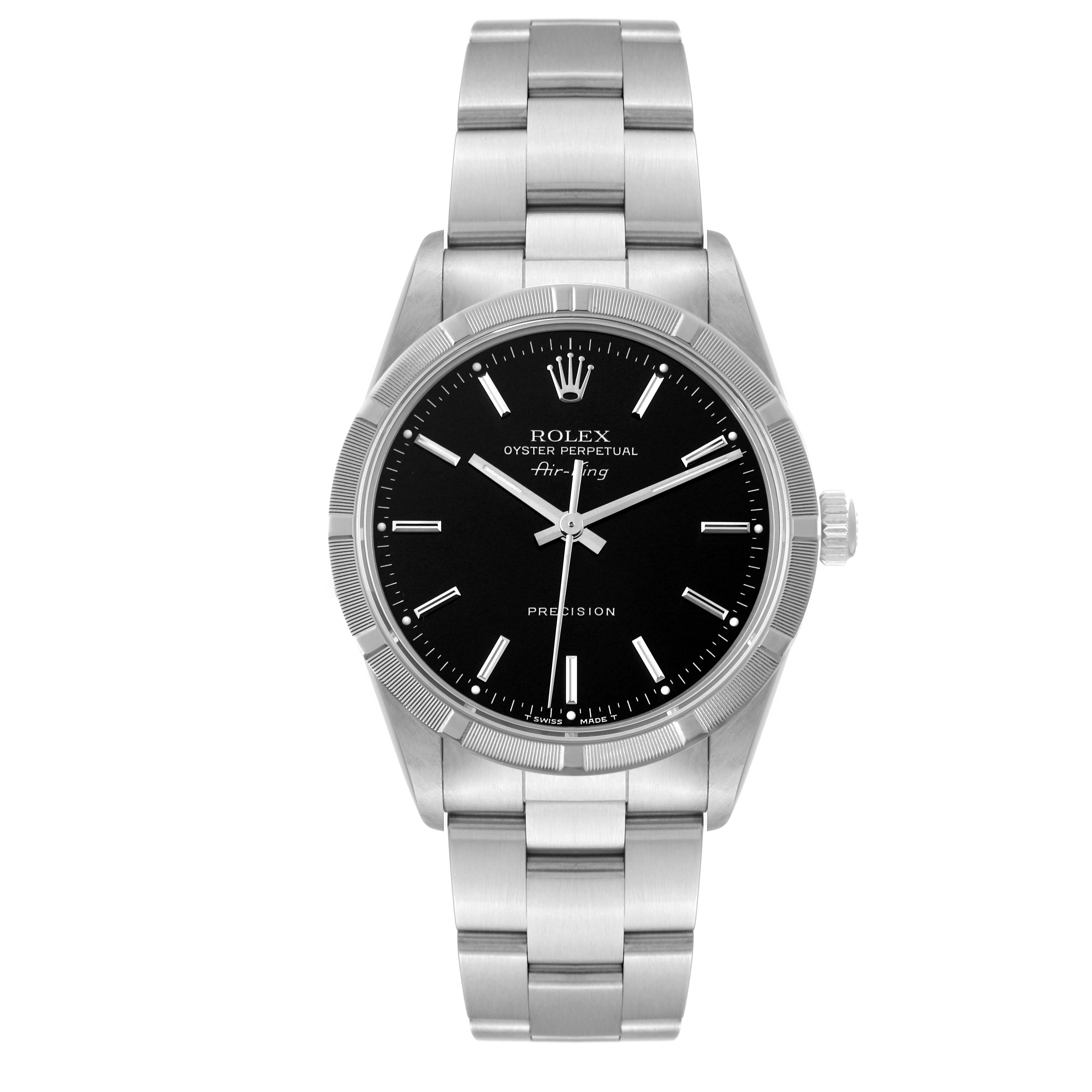 The image shows a frontal view of an Air-King model Rolex watch, highlighting its black dial, silver hands, and stainless steel bracelet.