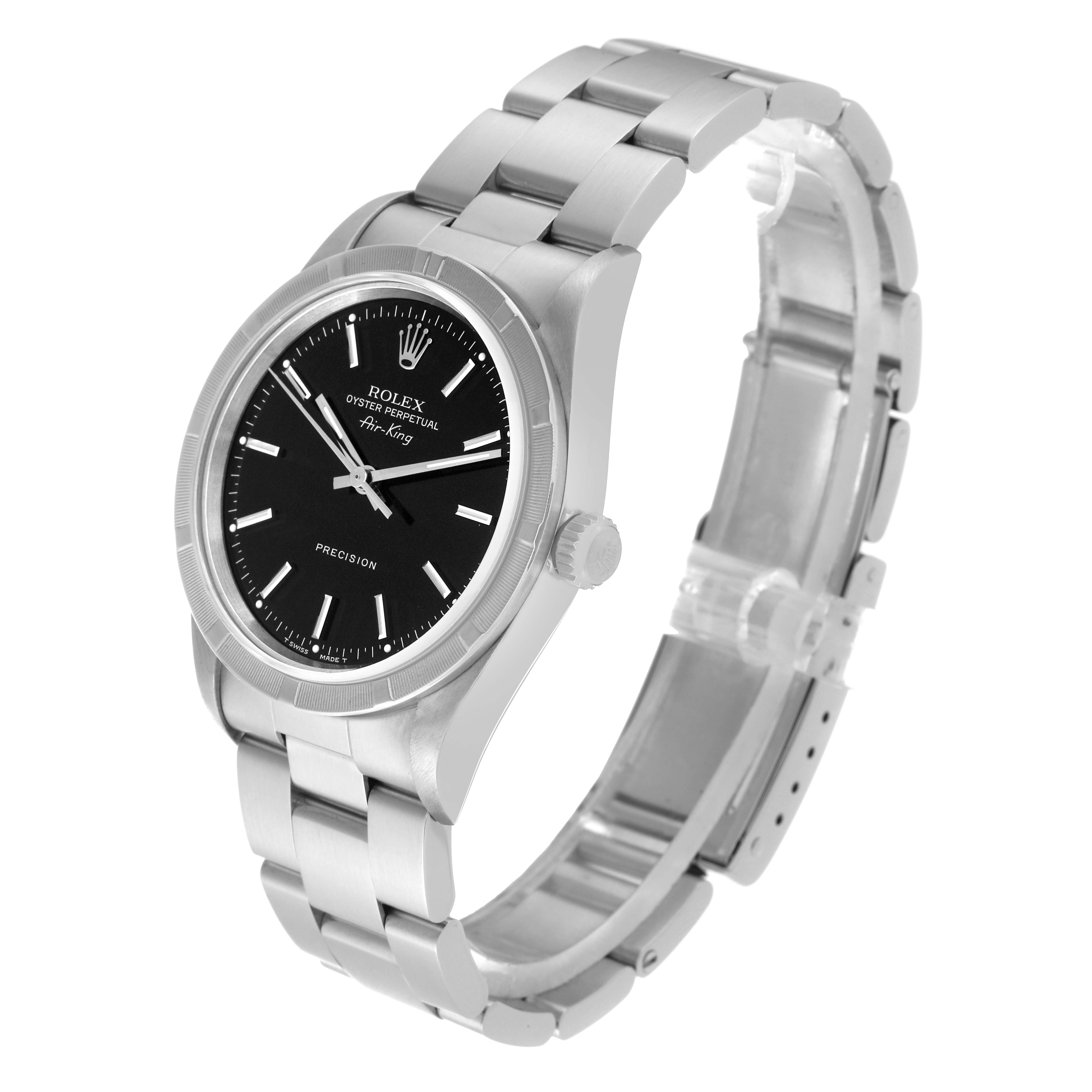 The image shows a Rolex Air-King 14010 Men's Stainless Steel Black Dial 14010 Men's Stainless Steel Black Dial watch at an oblique angle, highlighting its black dial, stainless steel case, and bracelet.