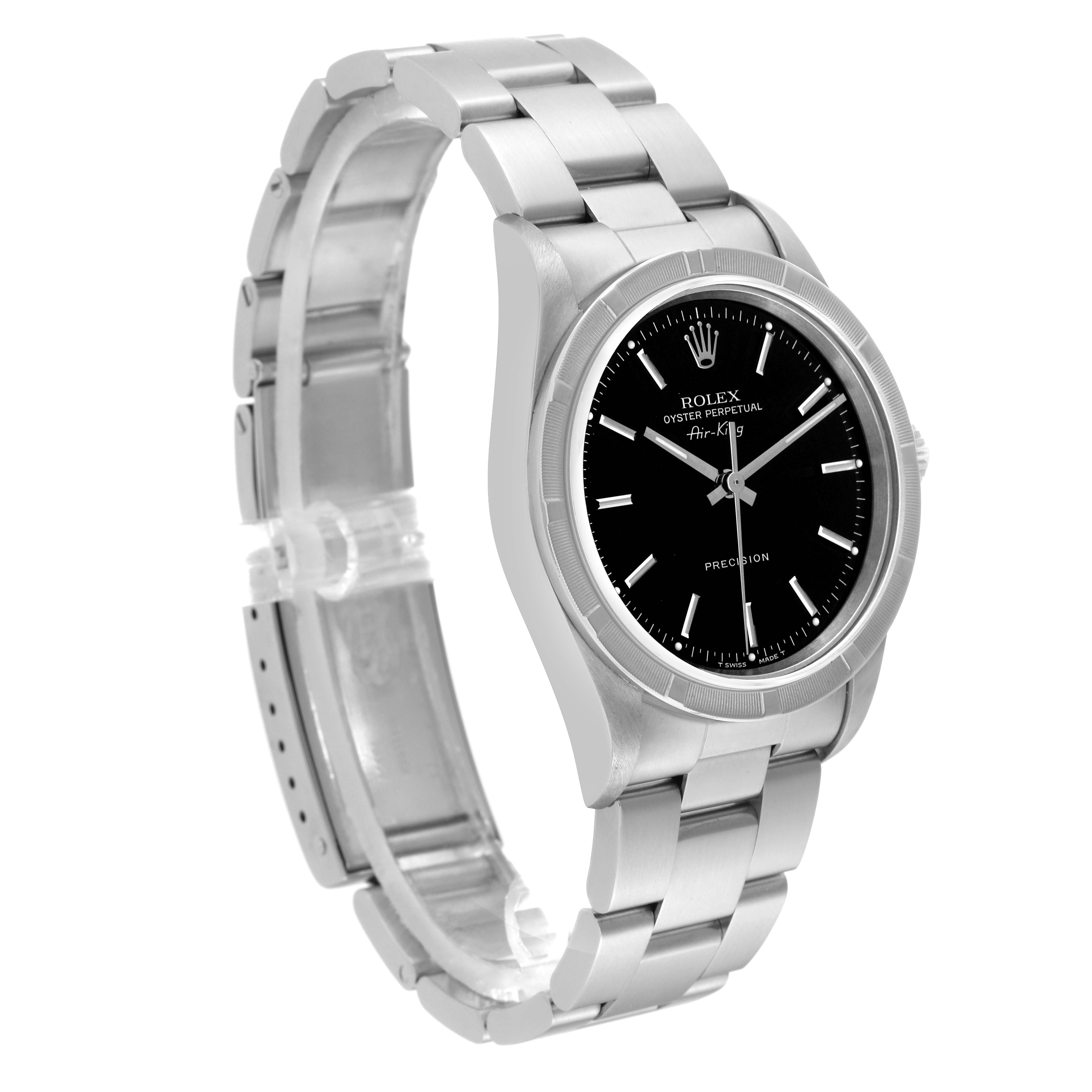 The Rolex Air-King 14010 Men's Stainless Steel Black Dial 14010 Men's Stainless Steel Black Dial watch is shown at a three-quarter angle, displaying its stainless steel bracelet and black dial.