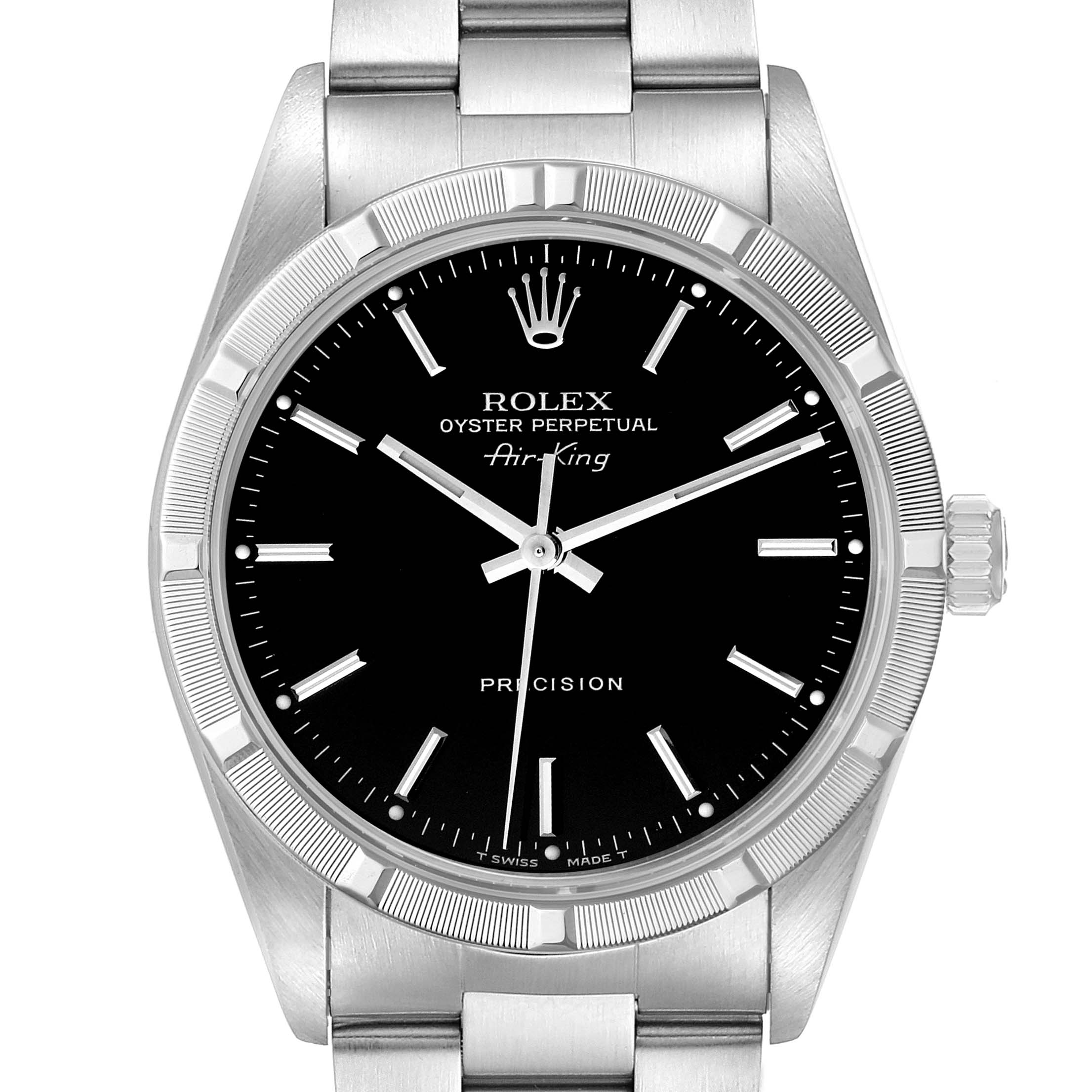 The image shows a front view of a Rolex Air-King 14010 Men's Stainless Steel Black Dial 14010 Men's Stainless Steel Black Dial watch, highlighting the dial, bezel, and part of the bracelet.