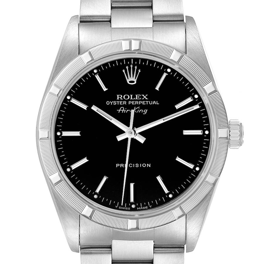 Rolex Air King Engine Turned Bezel Black Dial Steel Mens Watch 14010 SwissWatchExpo