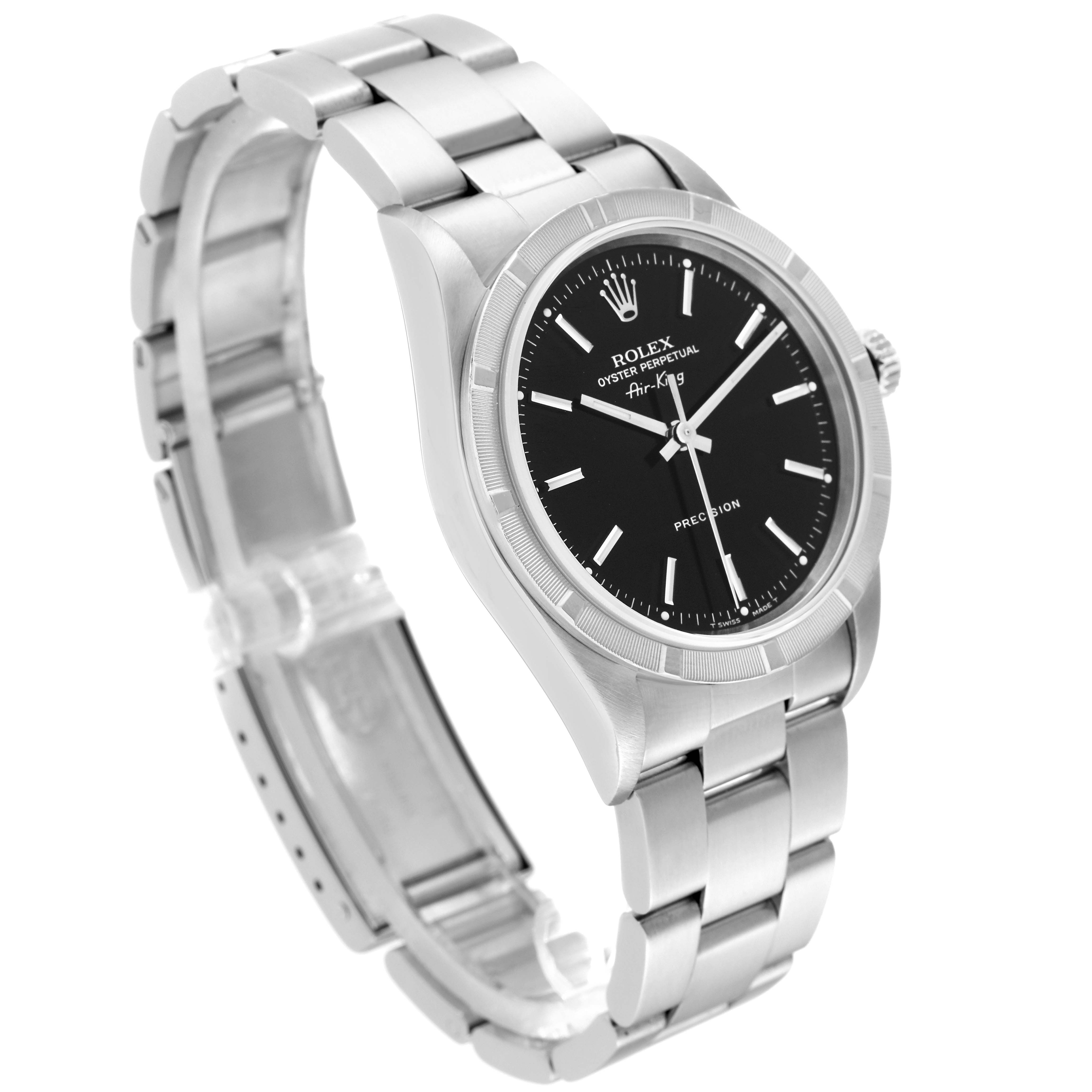 The image shows a Rolex Air-King 14010 Men's Stainless Steel Black Dial 14010 Men's Stainless Steel Black Dial watch from a three-quarter angle, displaying the face, bezel, crown, and band.