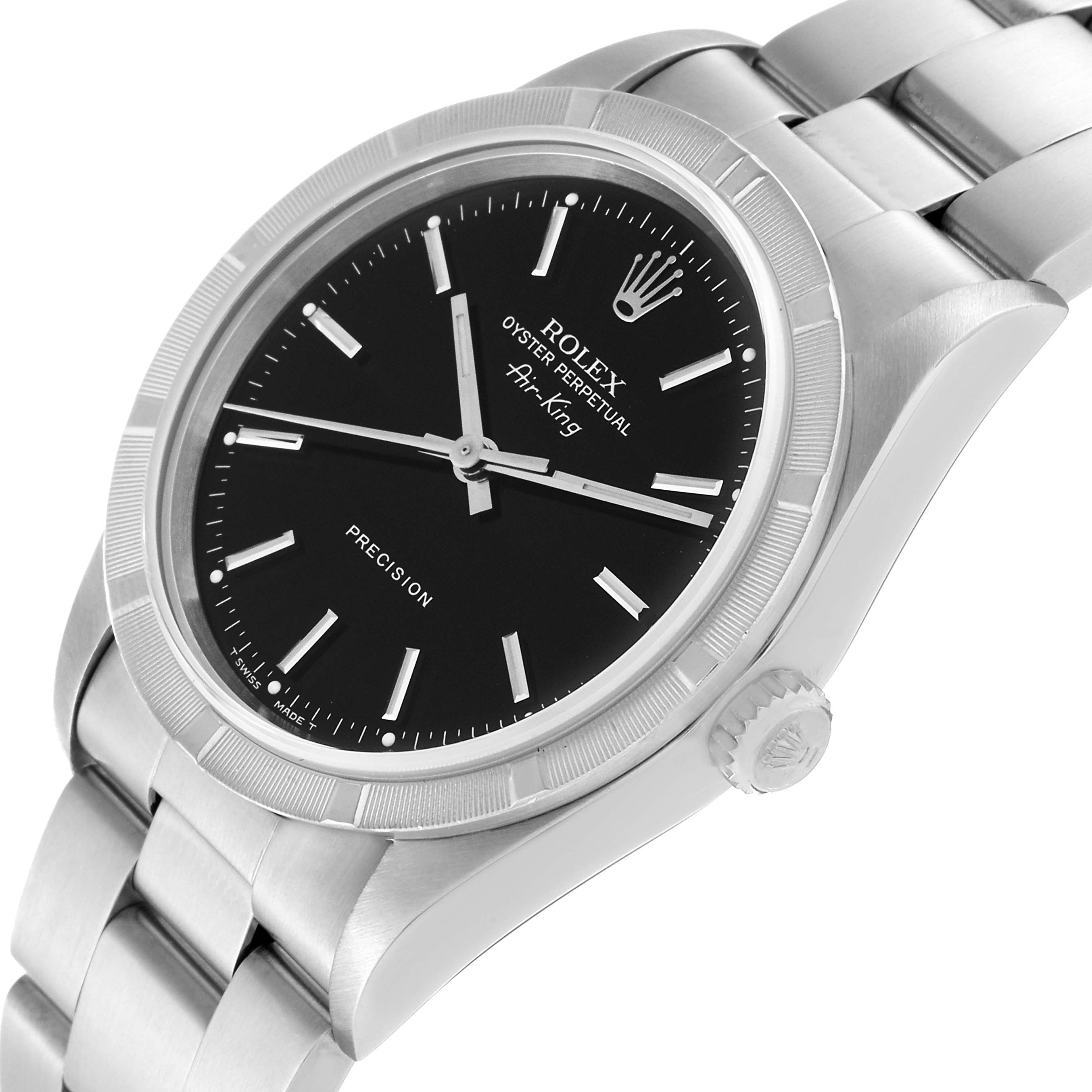 The image shows a Rolex Air-King 14010 Men's Stainless Steel Black Dial 14010 Men's Stainless Steel Black Dial watch at an angle highlighting the face, bezel, and part of the bracelet.