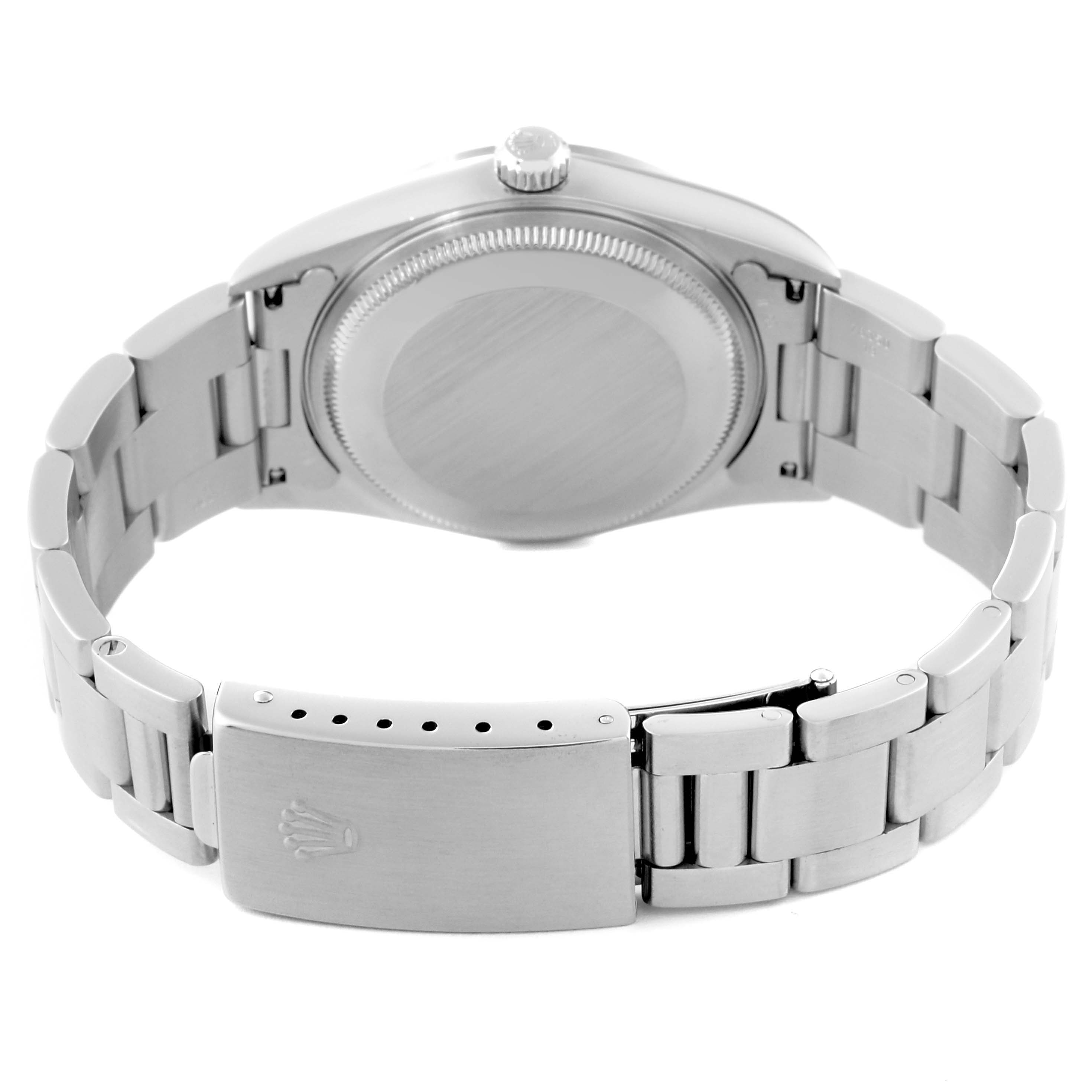 The image shows the back and clasp of a Rolex Air-King 14000 Men's Stainless Steel Silver Dial 14000 Men's Stainless Steel Silver Dial watch, highlighting its bracelet and case back.