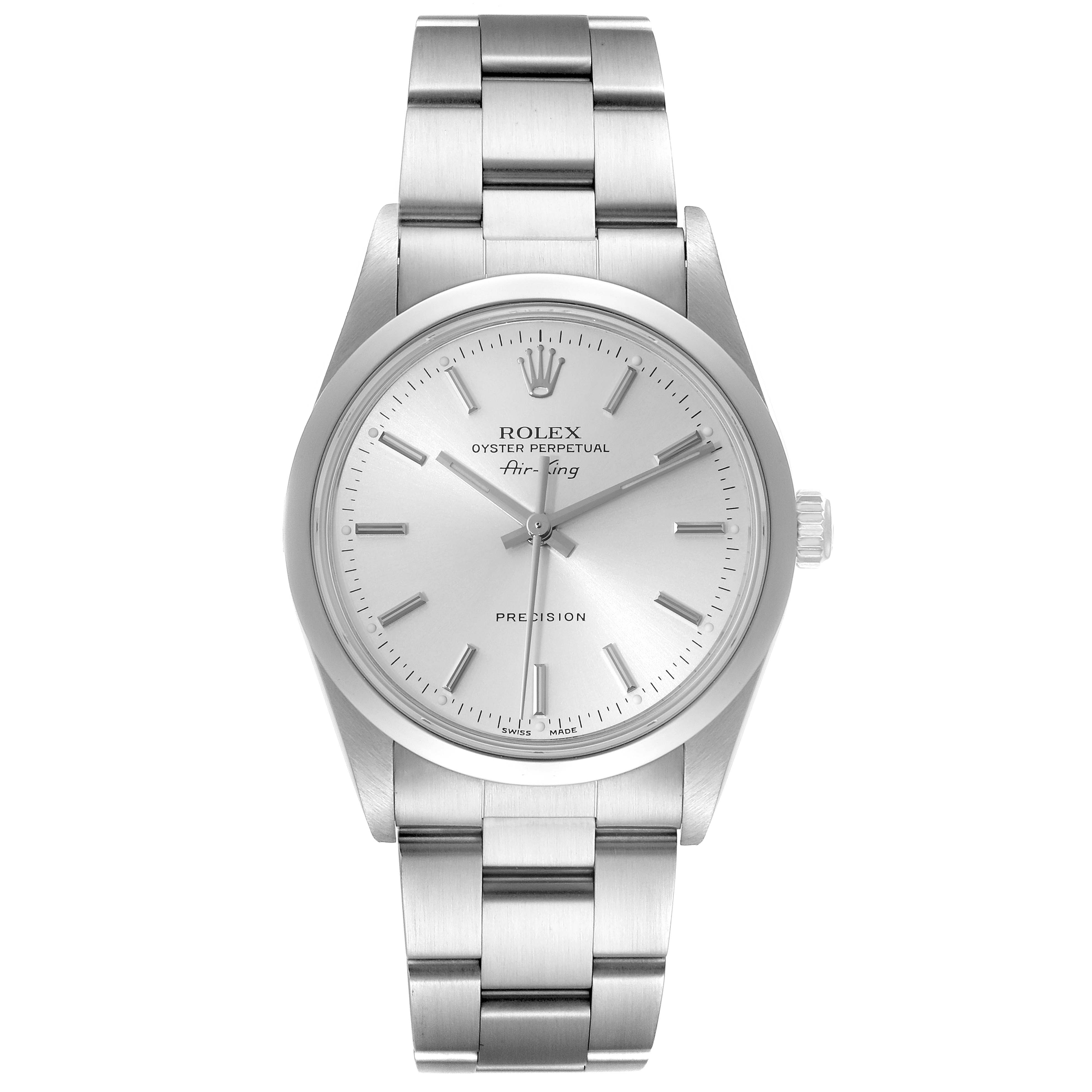 This image shows a front view of the Rolex Air-King 14000 Men's Stainless Steel Silver Dial 14000 Men's Stainless Steel Silver Dial watch, highlighting its face, bezel, and metal bracelet.