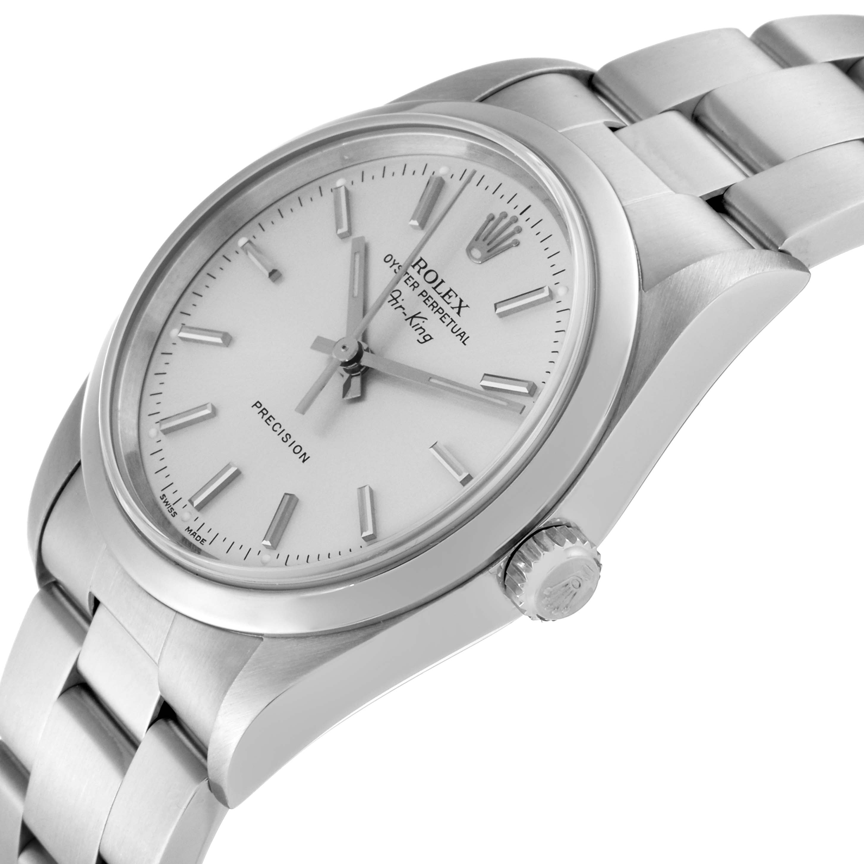 The image shows a close-up of the face, crown, and part of the bracelet of the Rolex Air-King 14000 Men's Stainless Steel Silver Dial 14000 Men's Stainless Steel Silver Dial watch from a side angle.