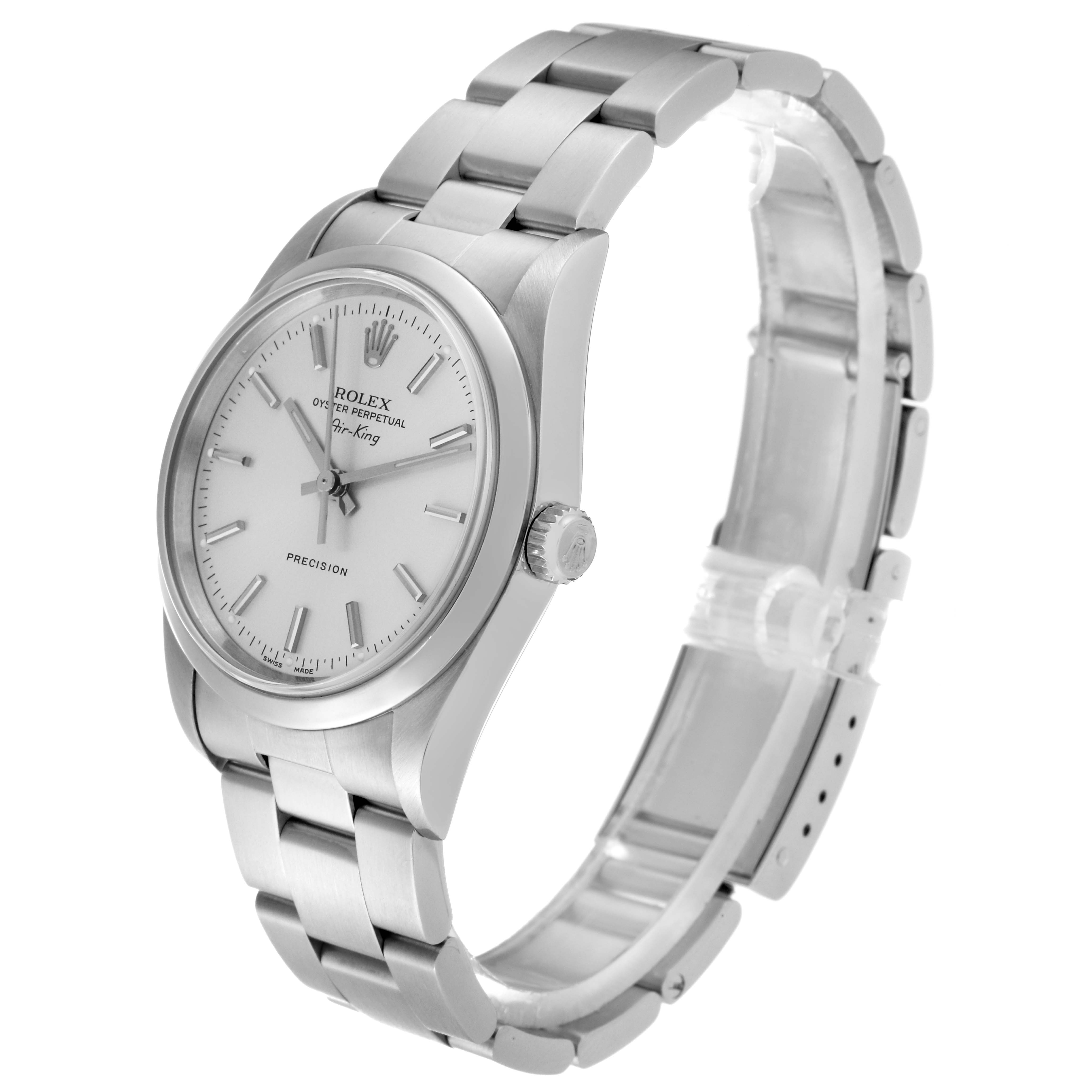 The Rolex Air-King 14000 Men's Stainless Steel Silver Dial 14000 Men's Stainless Steel Silver Dial watch is shown at a three-quarter angle, displaying the bezel, crown, dial, and bracelet.