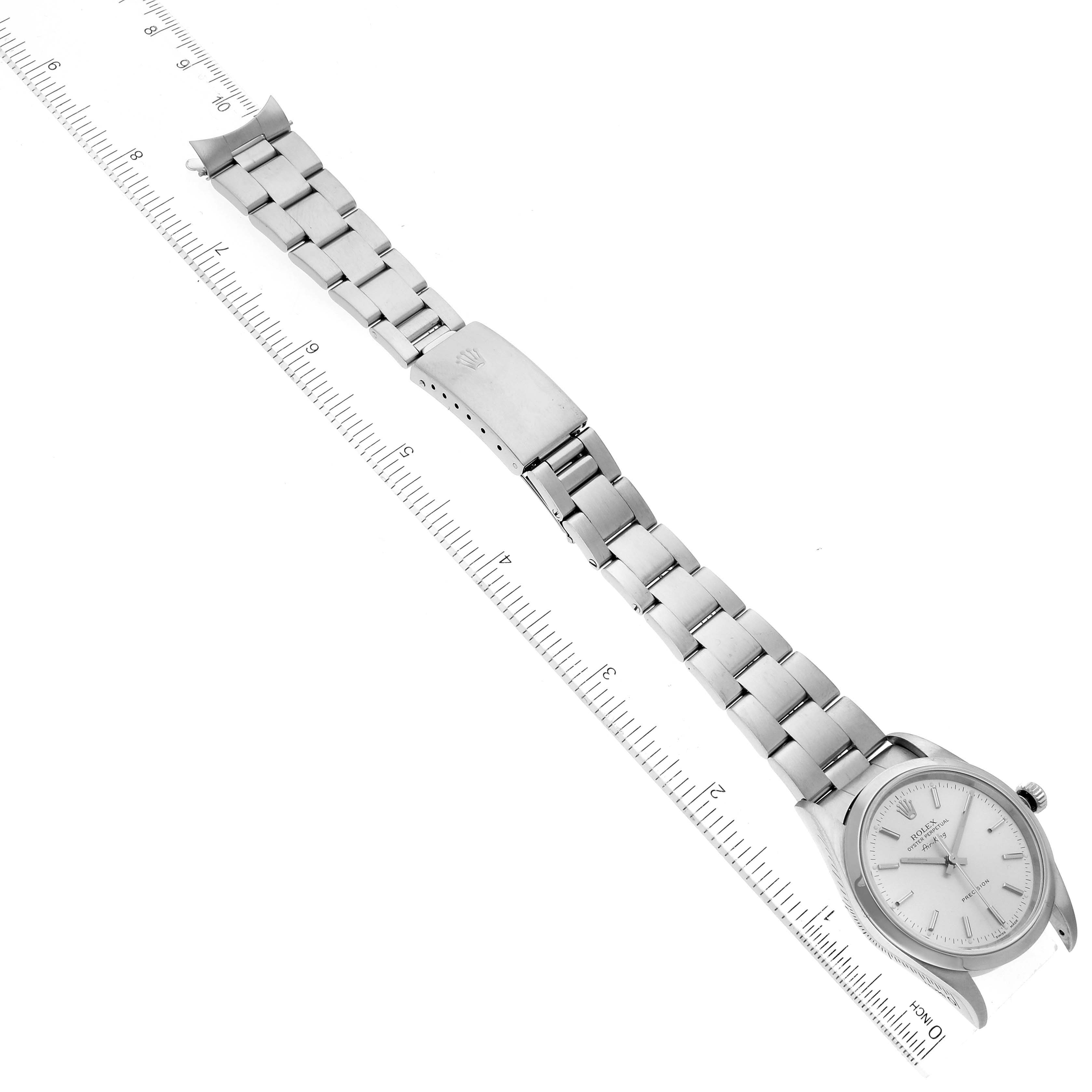 The image shows a top-down view of the Rolex Air-King 14000 Men's Stainless Steel Silver Dial 14000 Men's Stainless Steel Silver Dial watch, displaying the watch face, the bracelet, and the clasp.