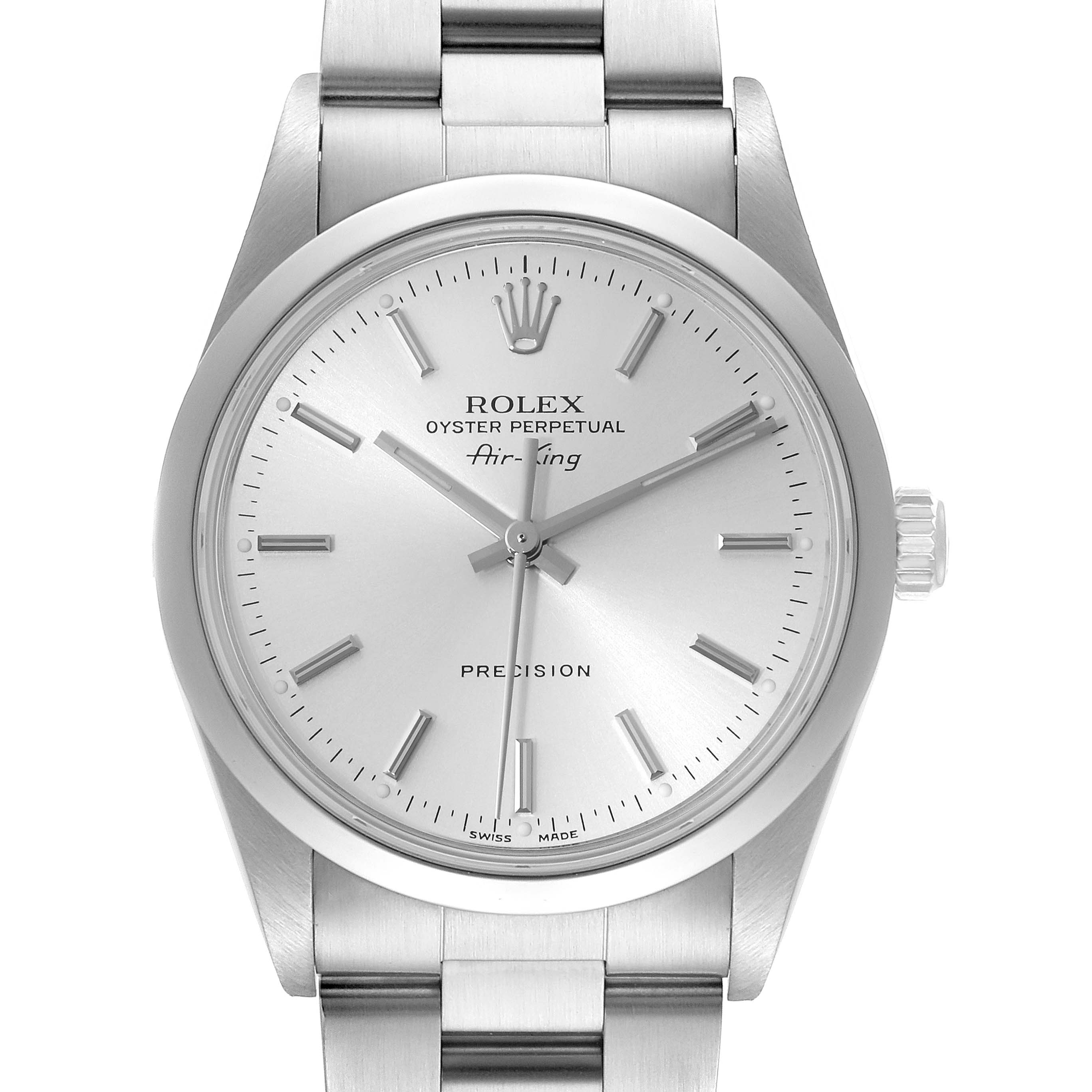 The image shows a frontal view of the Rolex Air-King 14000 Men's Stainless Steel Silver Dial 14000 Men's Stainless Steel Silver Dial watch, displaying its dial, hands, crown, and part of the bracelet.