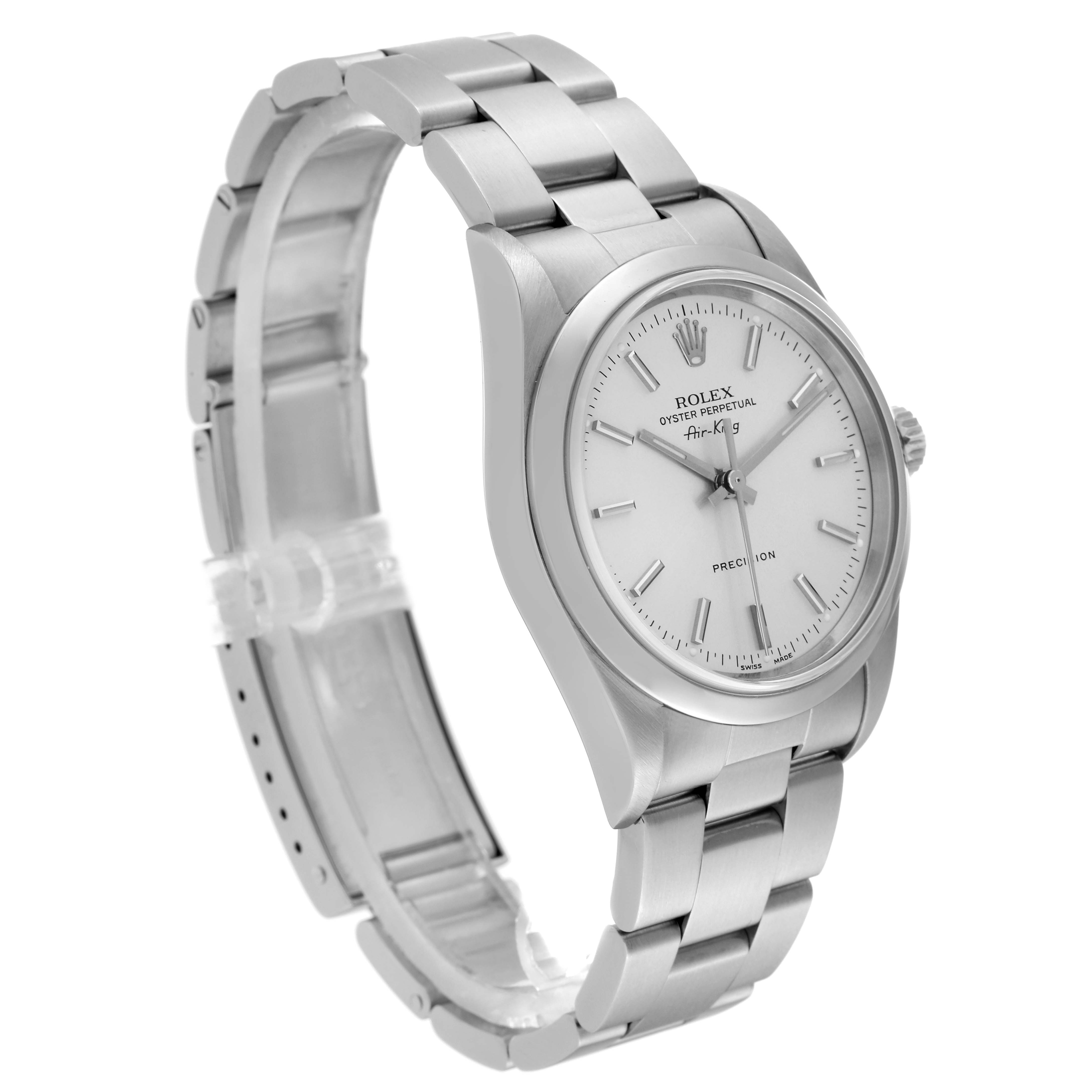 The Rolex Air-King 14000 Men's Stainless Steel Silver Dial 14000 Men's Stainless Steel Silver Dial watch is shown at a side angle, displaying its bracelet, bezel, and dial.