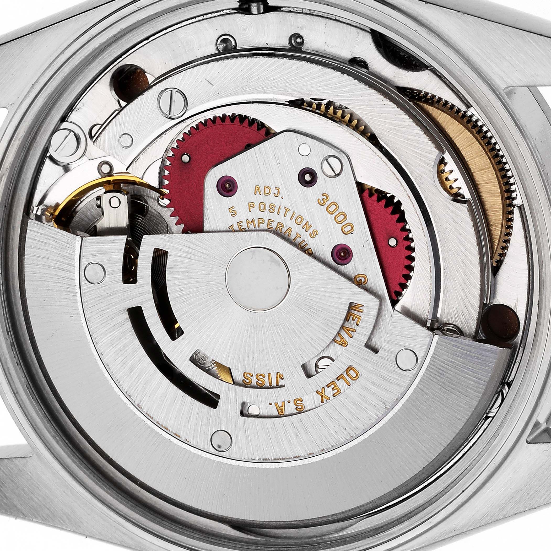 This image shows the exposed movement mechanism of a Rolex Air-King 14000 Men's Stainless Steel Silver Dial 14000 Men's Stainless Steel Silver Dial watch at an internal angle.