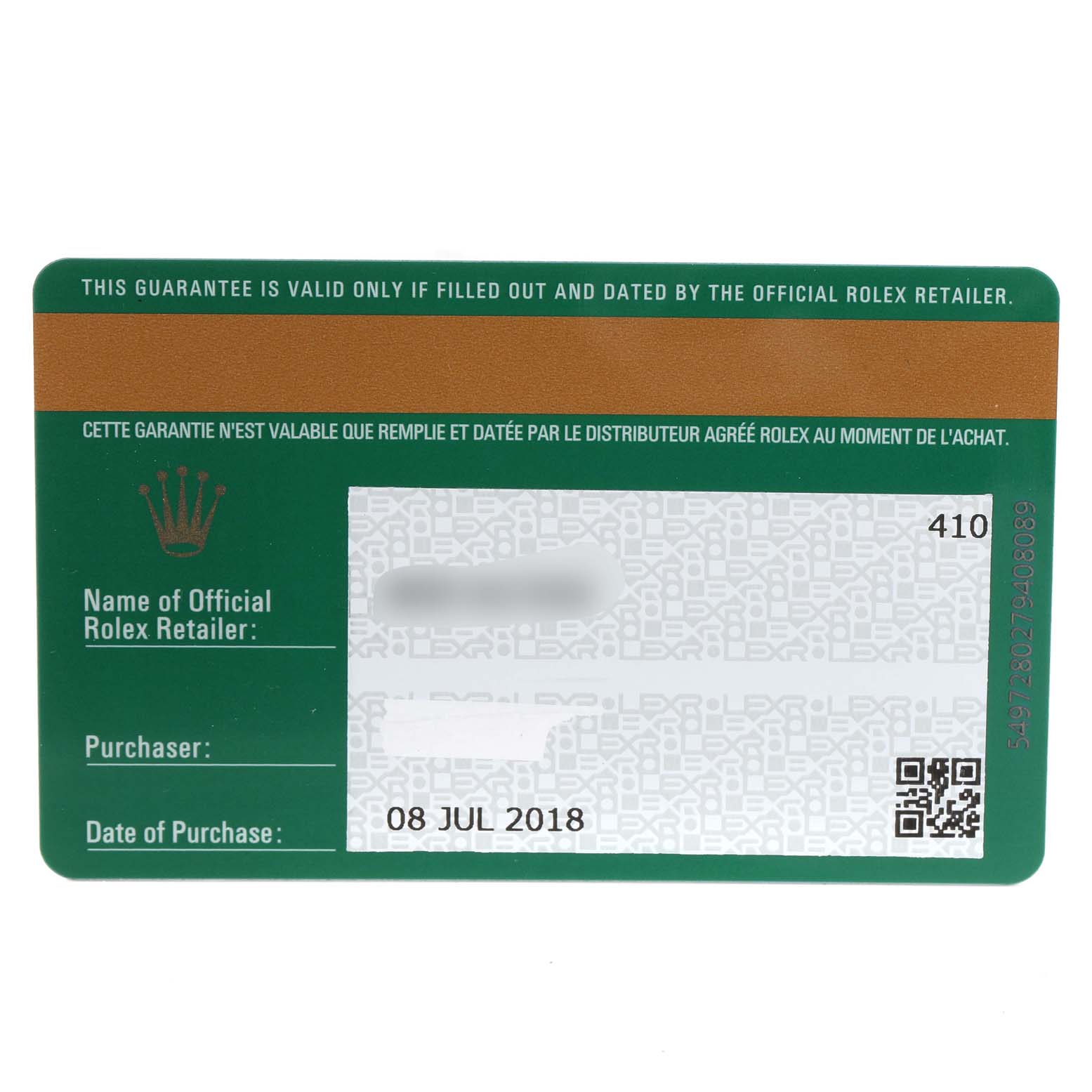 This image shows a warranty card for a Rolex Cellini 50535 Men
s Rose Gold White Dial 50535 Men
s Rose Gold White Dial watch, displayed flat and clearly visible.