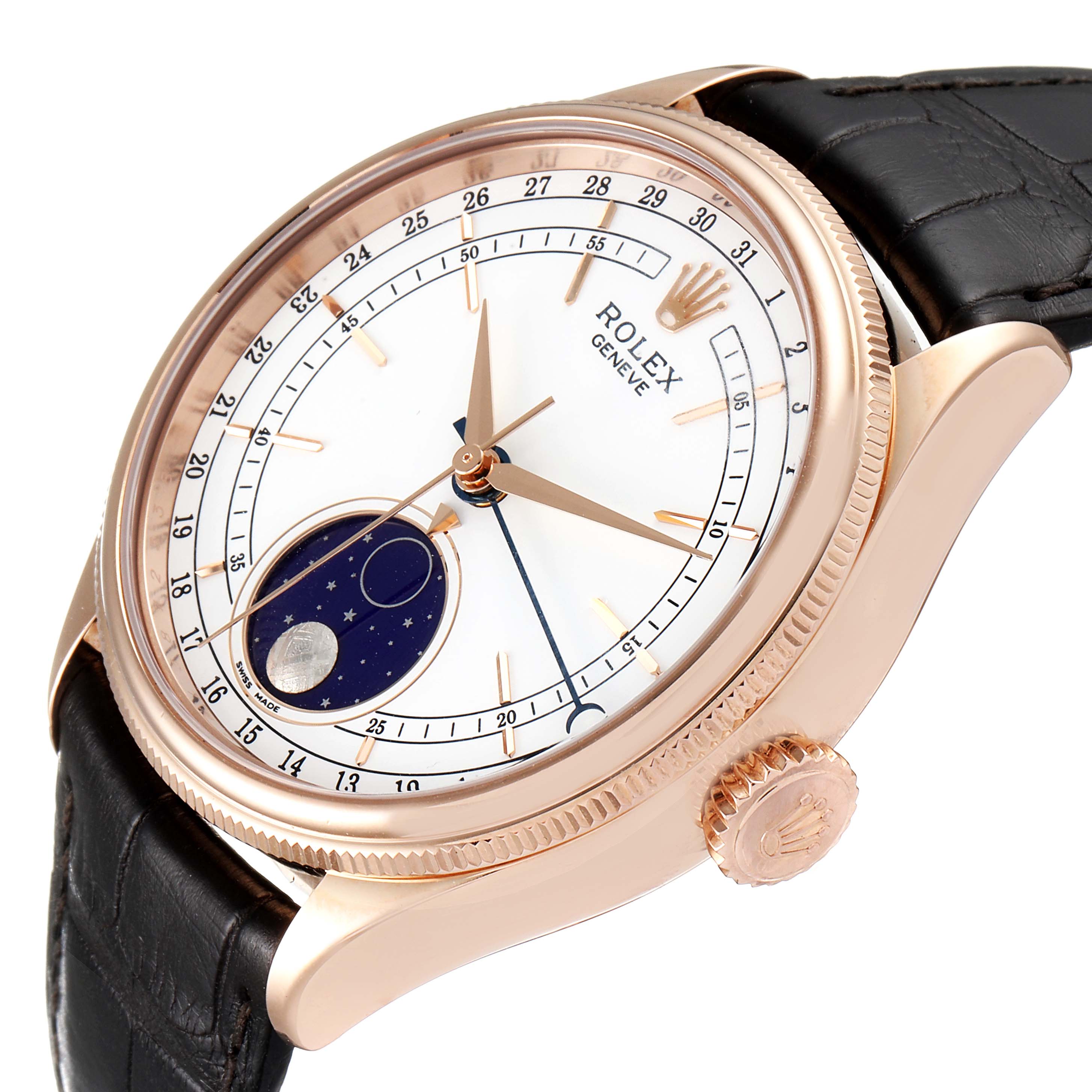 The image shows a close-up, angled view of the dial, bezel, crown, and strap of a Rolex Cellini 50535 Men
s Rose Gold White Dial 50535 Men
s Rose Gold White Dial watch.