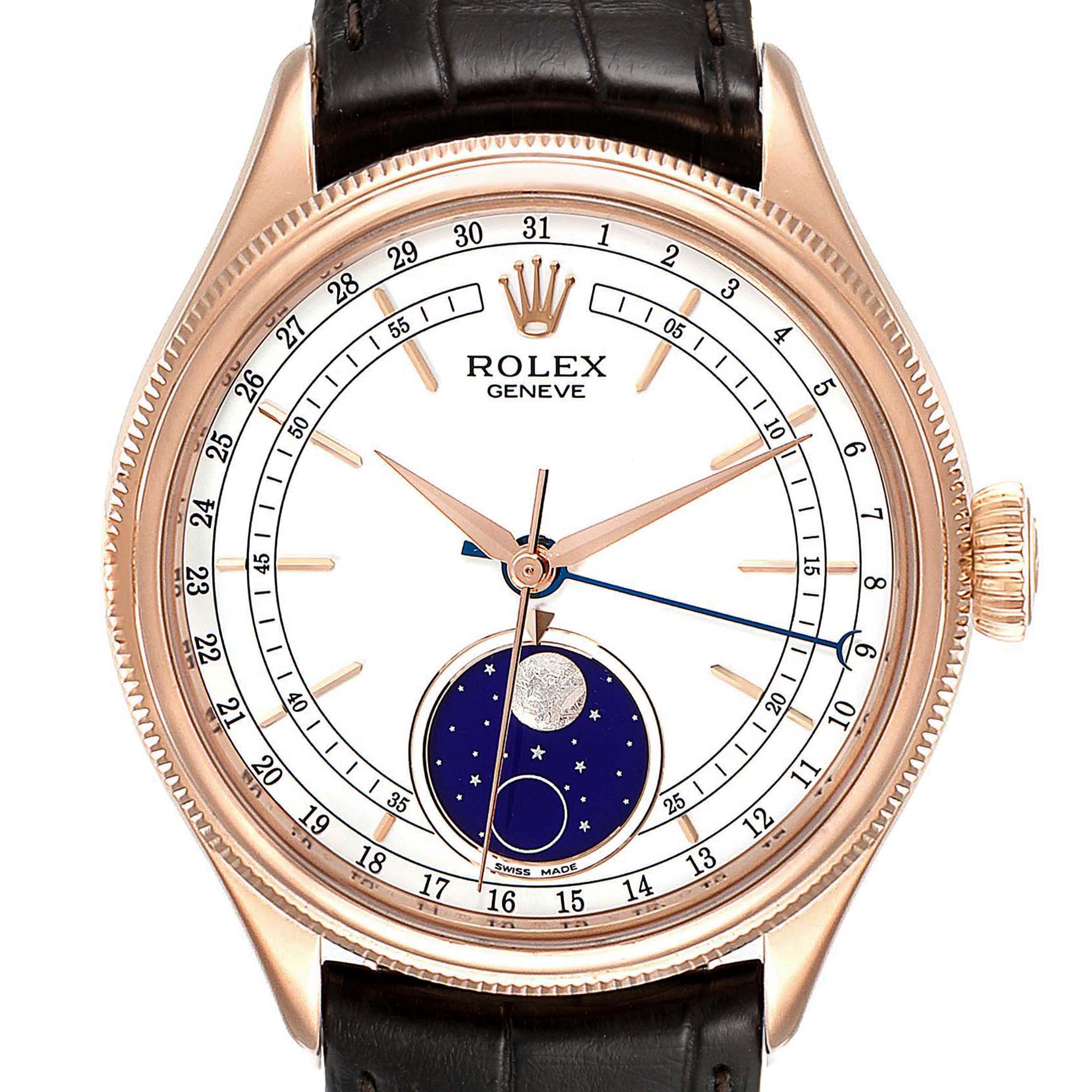The image shows a front view of the Rolex Cellini 50535 Men
s Rose Gold White Dial 50535 Men
s Rose Gold White Dial watch, highlighting its dial, hands, and moonphase complication.