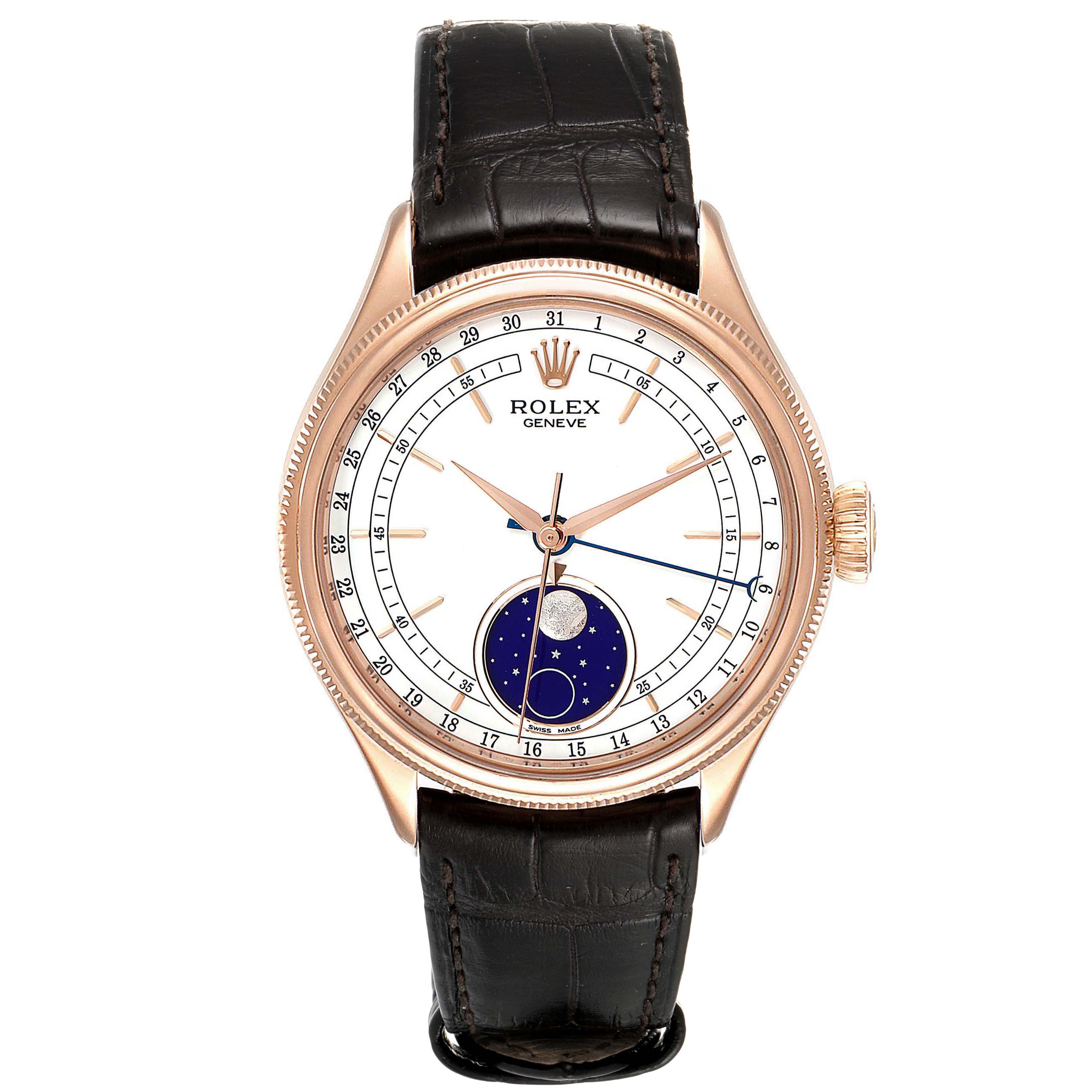 The image shows a front view of the Rolex Cellini 50535 Men
s Rose Gold White Dial 50535 Men
s Rose Gold White Dial watch, highlighting its face, hands, moon phase indicator, and leather strap.