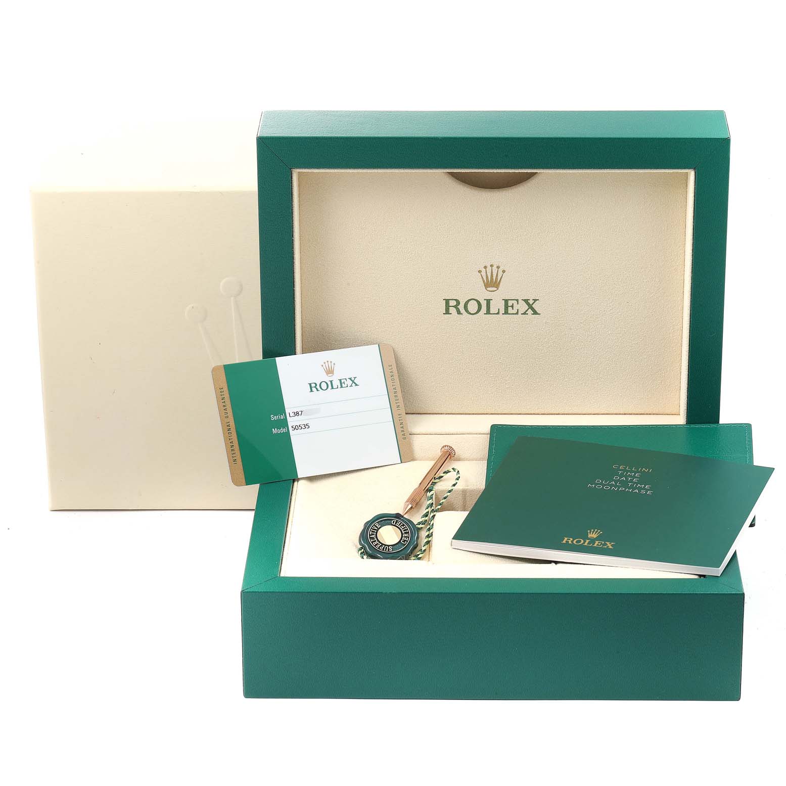 The image shows the box, certification card, tag, and booklet for a Rolex Cellini 50535 Men
s Rose Gold White Dial 50535 Men
s Rose Gold White Dial watch.