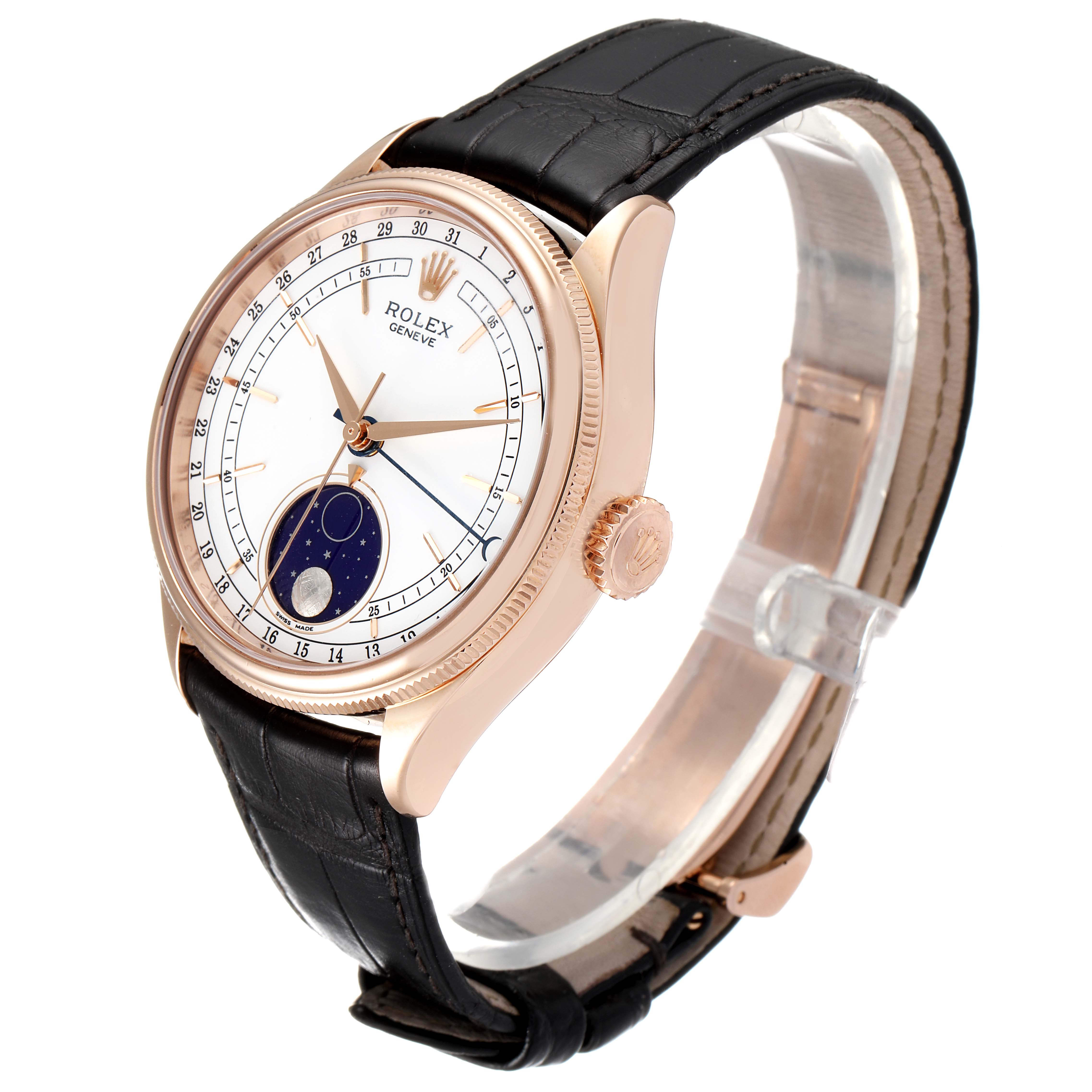 The Rolex Cellini 50535 Men
s Rose Gold White Dial 50535 Men
s Rose Gold White Dial watch is shown at a three-quarter angle, highlighting the face, bezel, crown, and black leather strap.