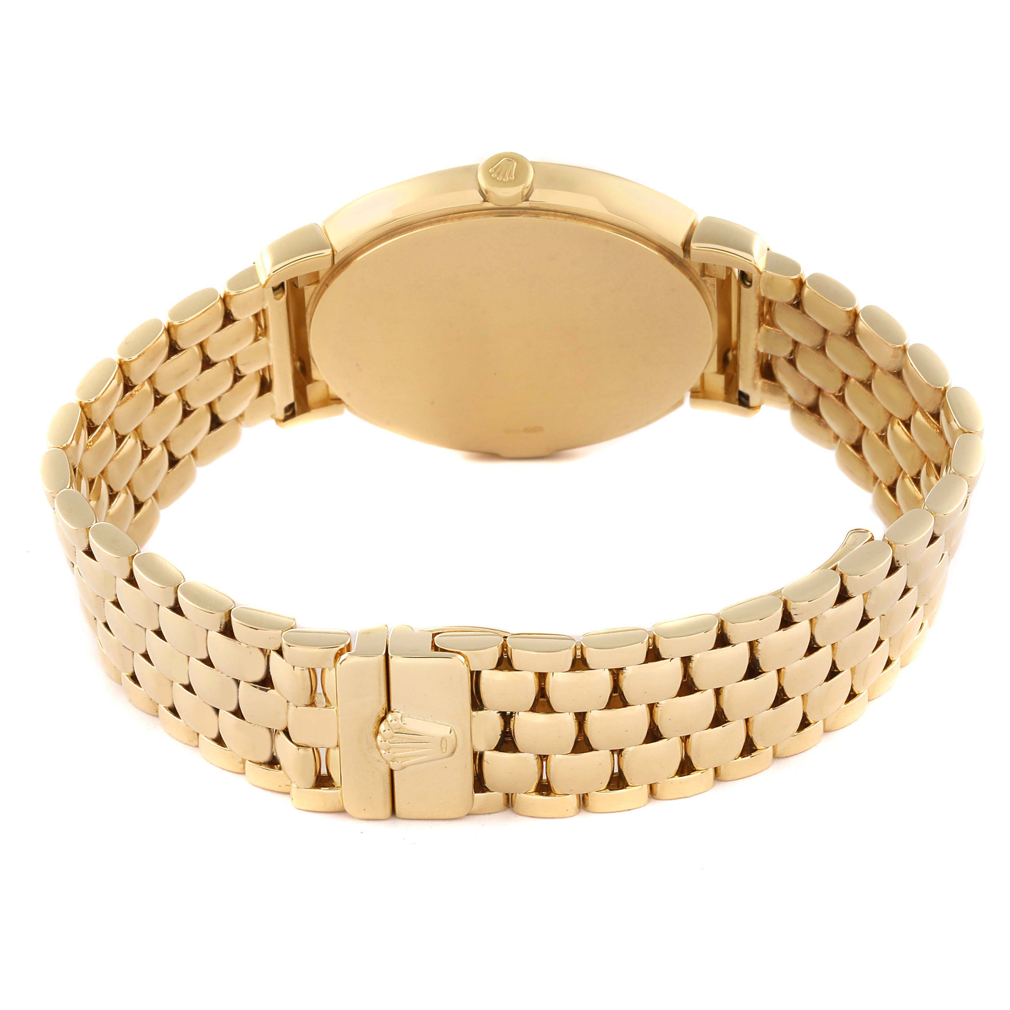 The image shows the back of a Rolex Cellini 6622 Men's Yellow Gold Champagne Dial 6622 Men's Yellow Gold Champagne Dial watch, highlighting the gold watch case and bracelet with its clasp.